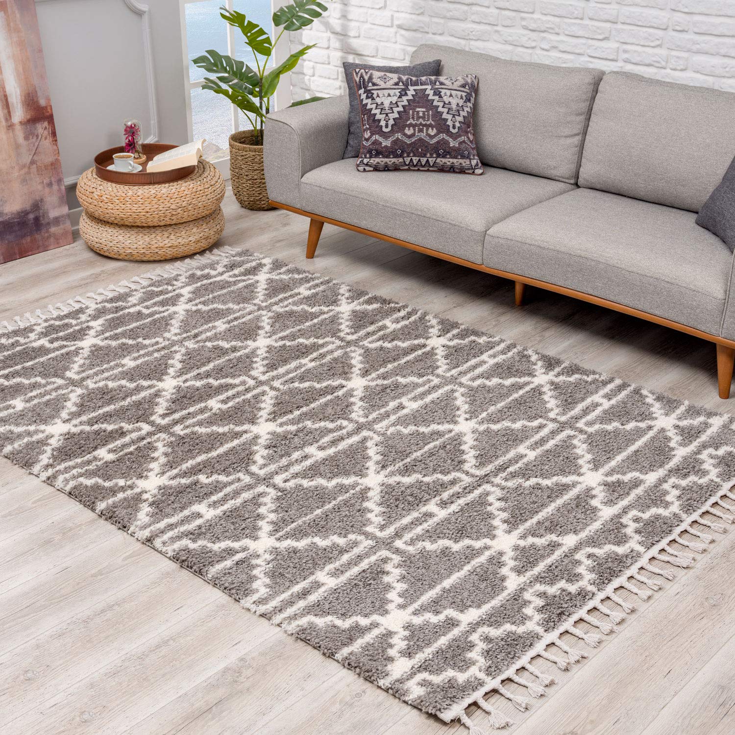 carpet city Tapis de Salon, à Poils Longs, Style Ethnique, 200 x 290 cm, Gris crème, avec Franges