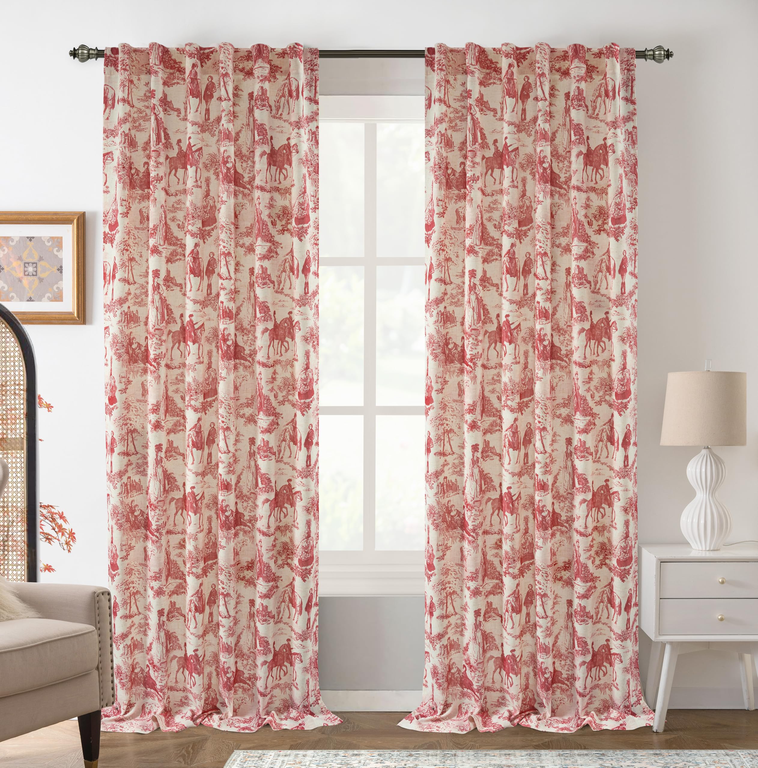 Driftaway Men's Red 100% Blackout Toile Linen Curtains For Bedroom Double Layer Farmhouse French Country Vintage Printed Pattern Thermal Sound Lined Back Tab Living Room Drapes 84 Inch Length 2 Panels