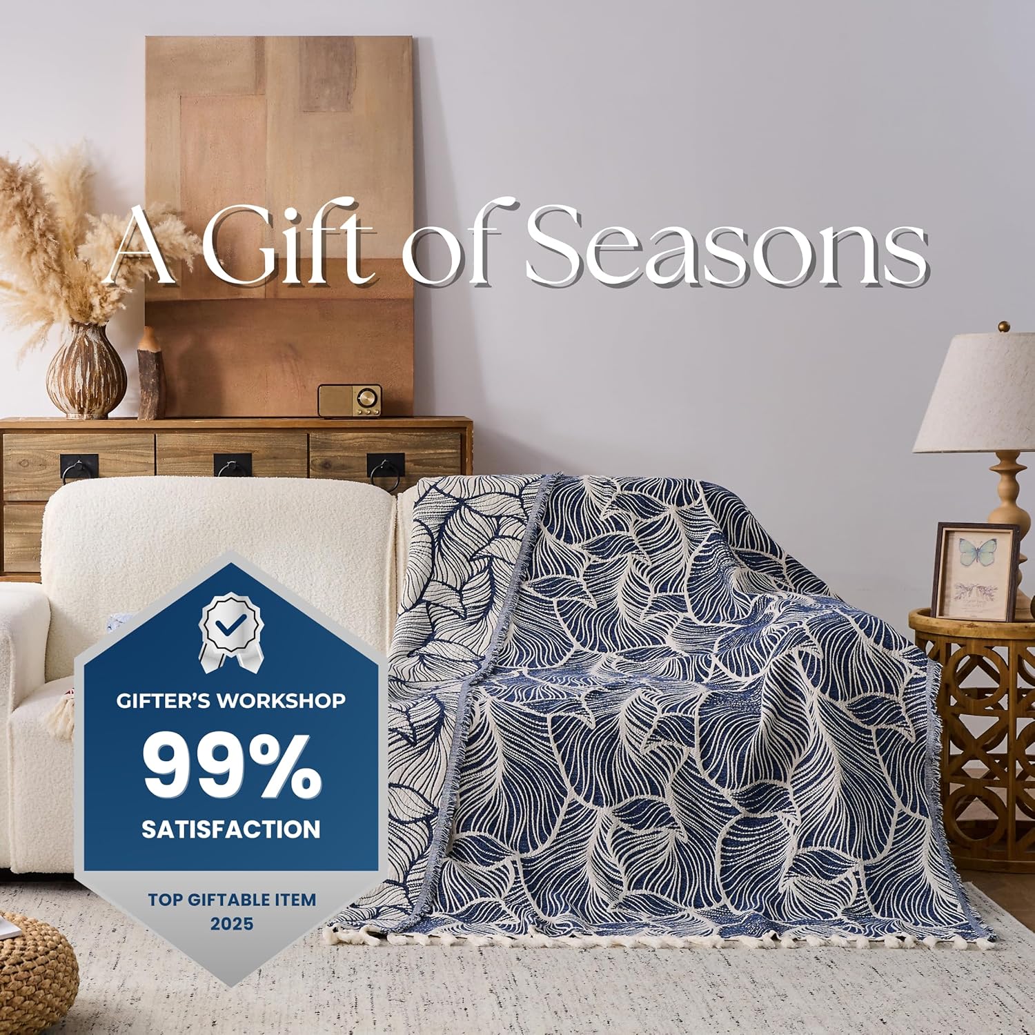 DOWN HOME Chenille Cotton Throw Blanket for Couch, Lightweight Boho Blanket for Bed Sofa Chair Living Room Outdoor Soft Woven Decorative Blanket with Tassel Gift Navy Leaves 55"x60"