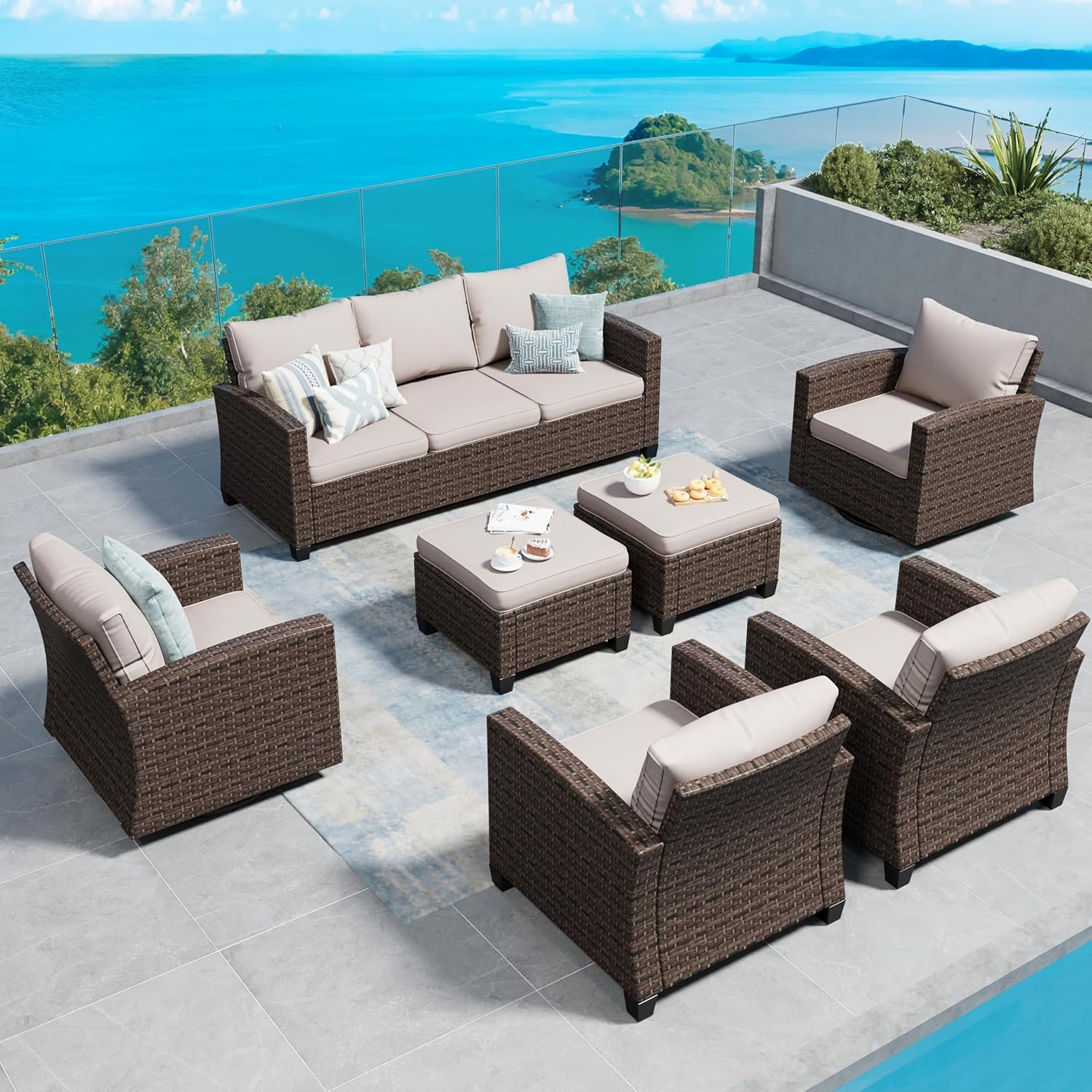 Outdoor Patio Ottomans,2 Pieces All Weather Wicker Ottomans with 4" Thick Cushions for Garden,Lawn, Backyard,Beige