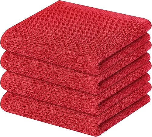 Homaxy Toallas de cocina 100% algodón con tejido de gofre, ultra suaves, absorbentes, de secado rápido, 13 x 28 pulgadas, paquete de 4, rojo