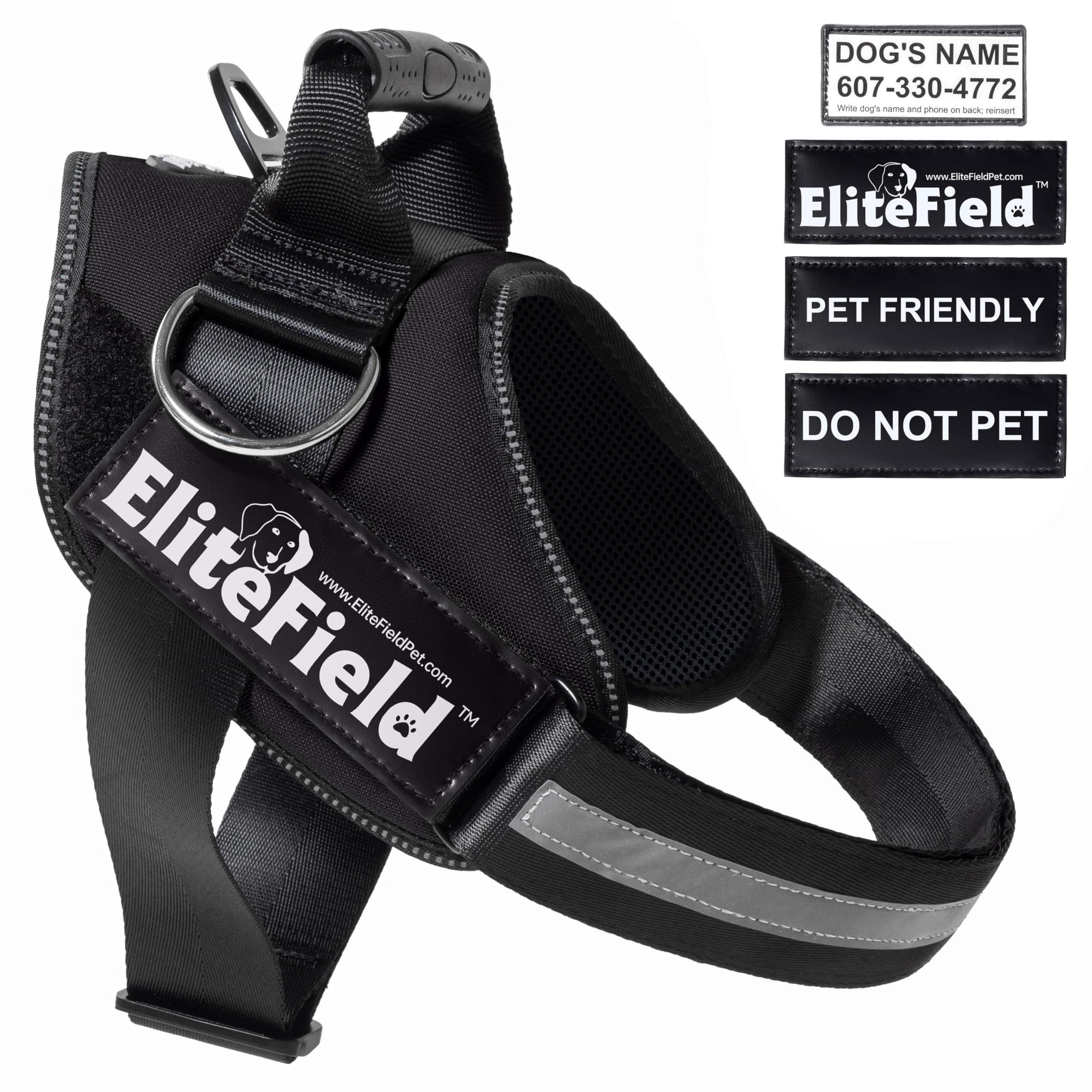 EliteField Reflektierendes Hundegeschirr mit Griff, verstellbar, atmungsaktiv, mit 3 Befestigungspunkten für die Leine, 1000D-Nylon und ID-Tags