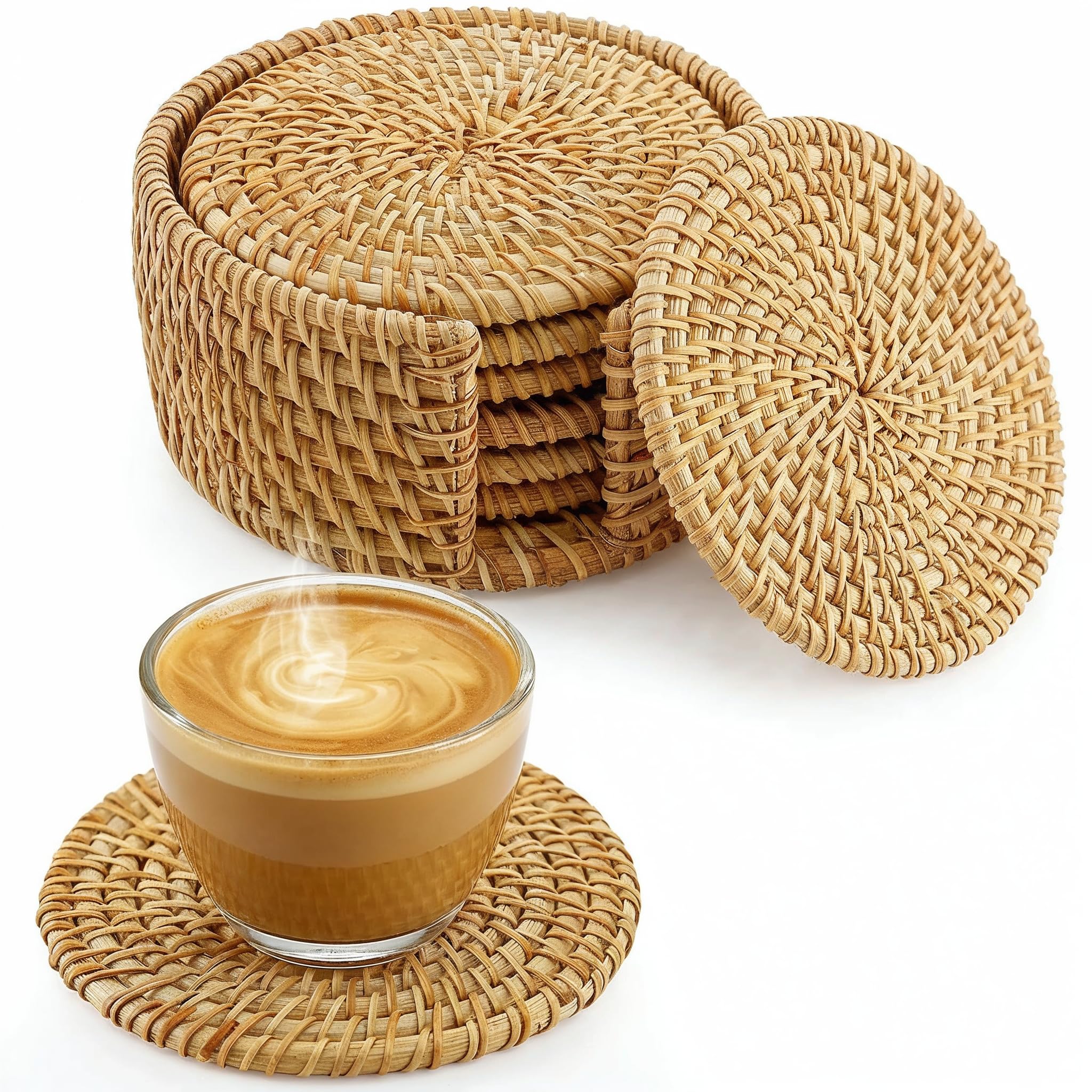 JUNGLE CULTURE Handmade Rattan Coasters for Drinks with Holder • Natural Round Coaster Set of 6 • Sustainable Wicker Homeware • Coffee Table, Mugs, Glasses, Tiki Cups • Boho Home Decor - Honey
