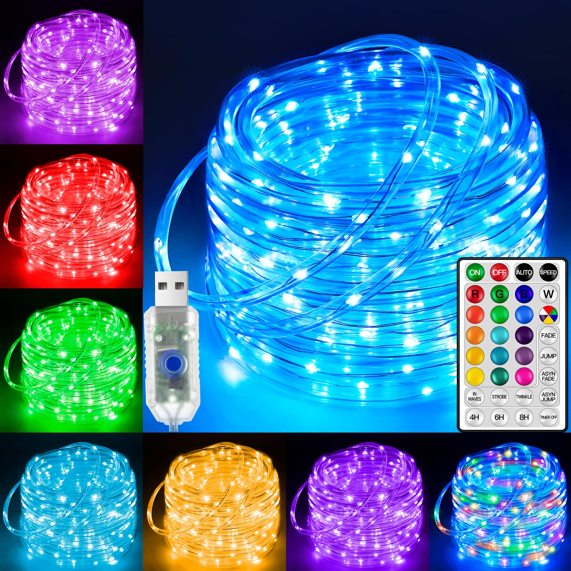 Ollny USB Rope Lights Indoor Color Changing, 33FT 100 LED String Lights with Remote, 18 Colors Christmas Light for Indoor Bedroom Party Wedding Holiday Decorations