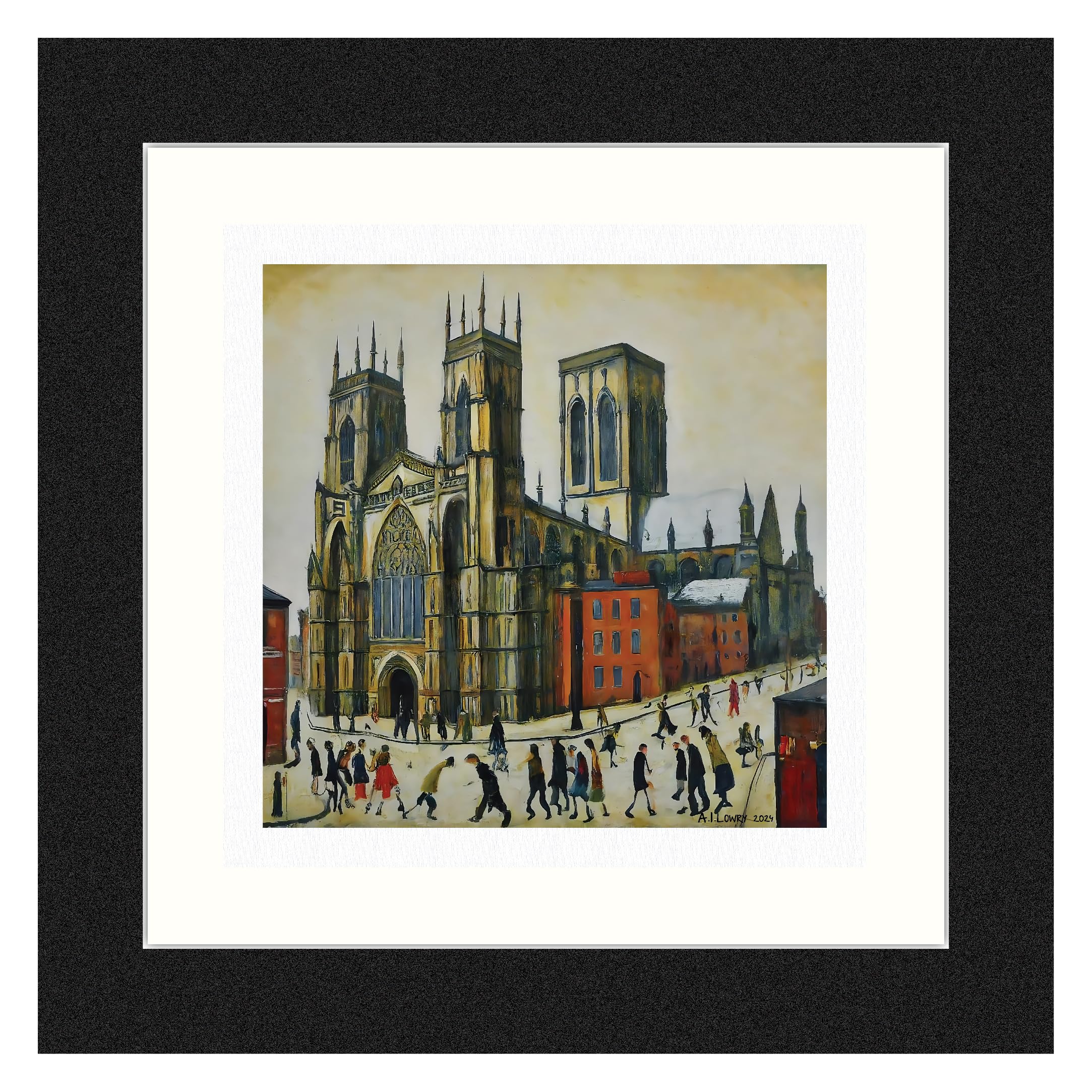 Greetingles Lowry-Style 12"/31cm Square Framed Print. Beautiful Black Ash Frame (Lowry, York Minster) — image 1