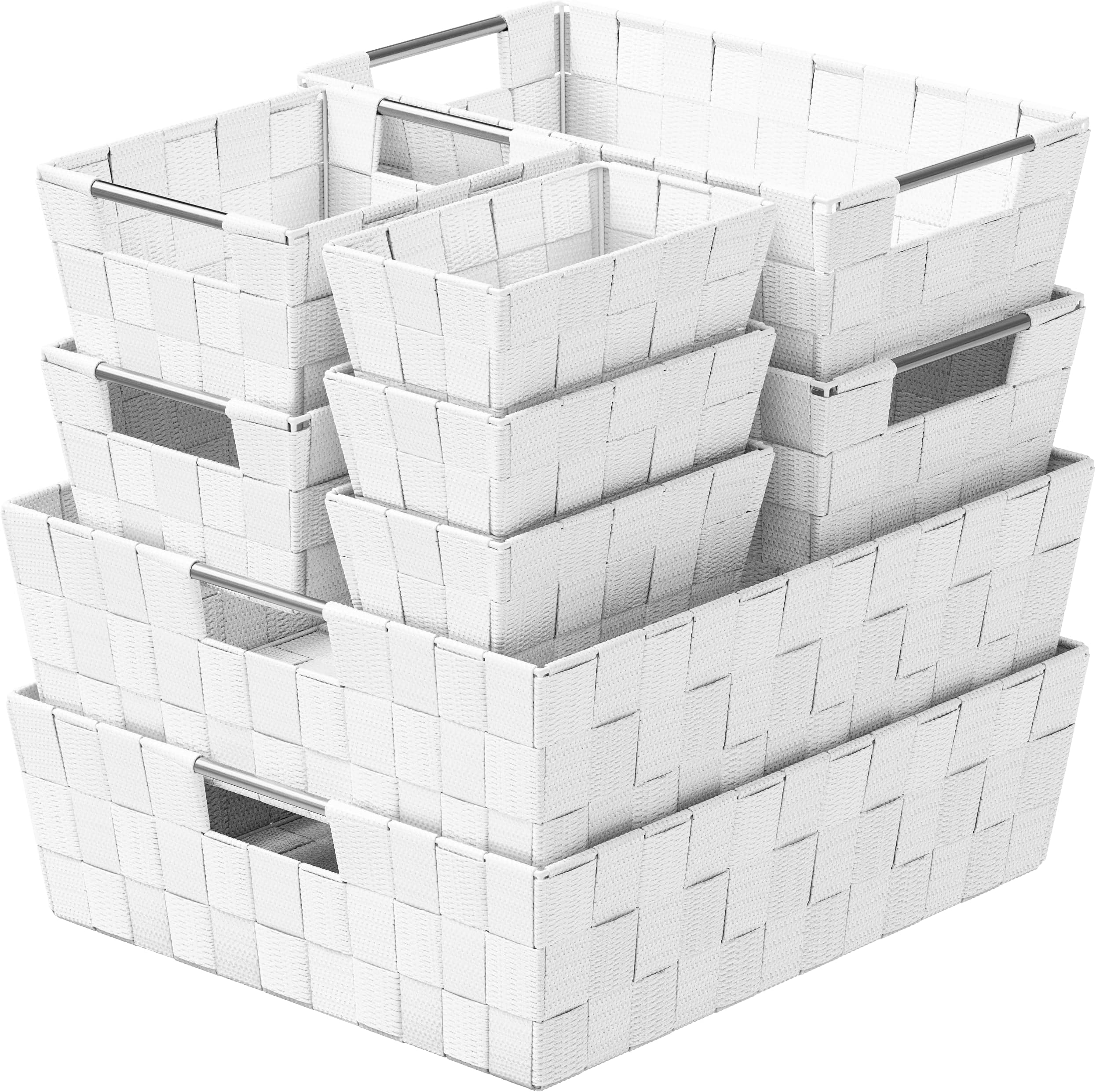 NEATERIZE Closet Organization and Storage Baskets - Set of 9 Baskets for Organizing Laundry, Baby Nursery Clothes, Linen Closet, Pantry or Use As Shelf Organizer Bins (White)