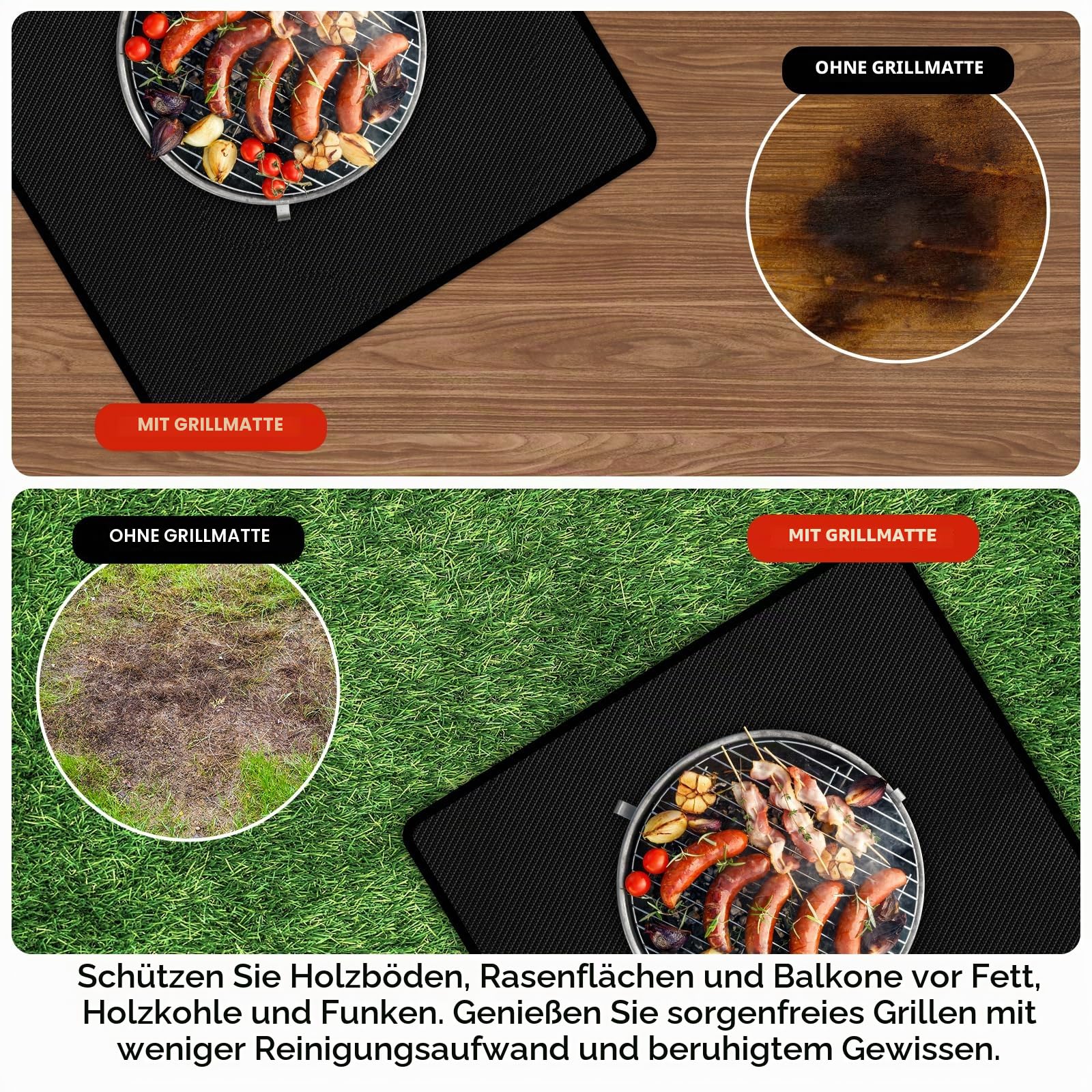 Große Grillmatte für Gasgrill 180x100CM, Doppelseitige Feuerfeste Unterlage, Teppich Klein Schützt Terrasse vor Fettspritzern, Outdoor BBQ Bodenmatte