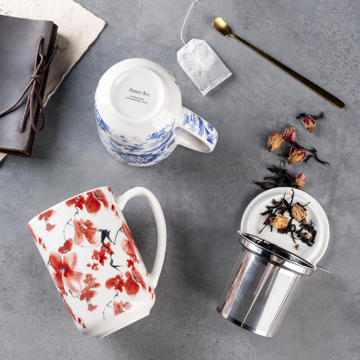 AmorArc Porcelain Tea Mug with Infuser and Lids, 18 Oz Coffee Cup Strainer with Bag Holder for Loose Leaf Tea, Steeping Coffee Mug for House-warming Wedding Birthday Gift - Image 4