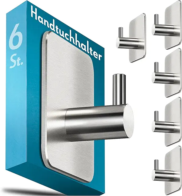 6er-Set Edelstahl Handtuchhalter ohne Bohren - Selbstklebend für Bad & Küche
