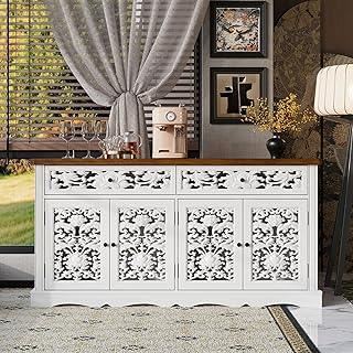 Rokoko Sideboard Anrichte, 158x40x80 cm, Weiß mit Holzfarbener Platte, Kommode mit 2 Schubladen & 4 Türen, Landhausstil, Lochmuster-Türen, Verstellbare Einlegeböden, für Esszimmer, Wohnzimmer & Flur