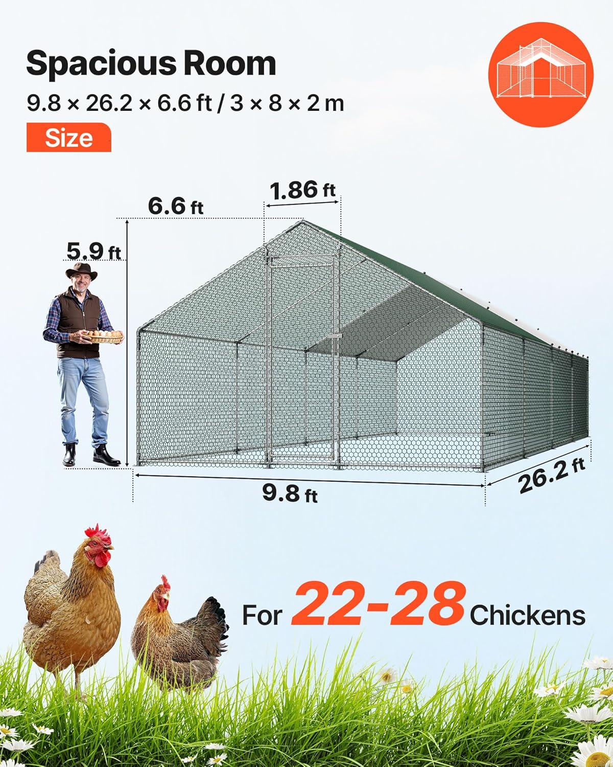 vevor large metal chicken coop with run, 9.8x26.5x6.5 ft walk-in chicken runs for yard with cover, spire roof hen house with security lock for outdoor and backyard, farm, duck rabbit cage poultry pen silver - spire roof 308.0"l x 118.0"w x 78.3"h