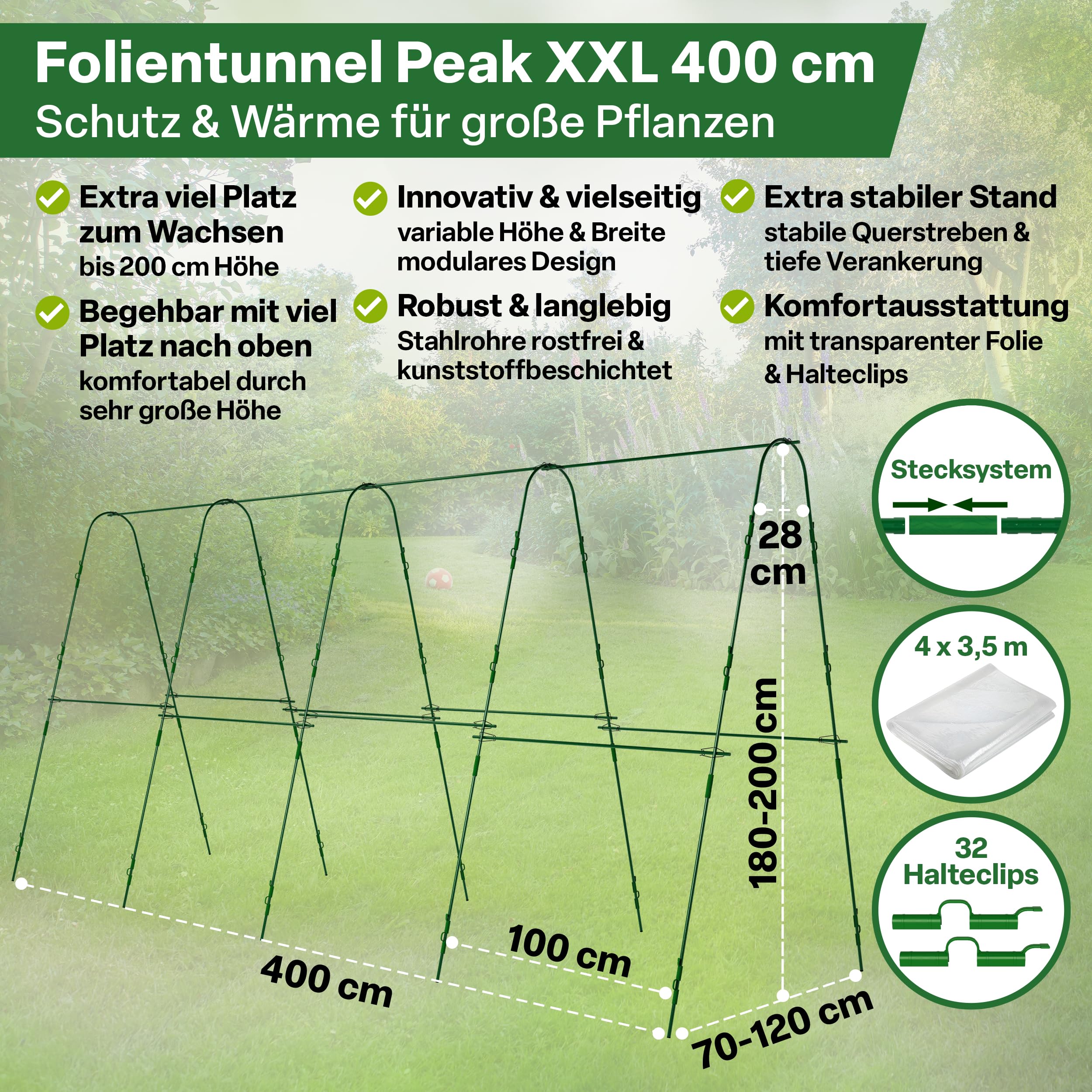 TTL GARDEN Peak XXL 400 - Túnel para plantas con lámina | - Cubierta para plantas grandes de 2 m de alto, 1,20 m de ancho, 4 m de largo, sistema de arcos de túnel, acero inoxidable
