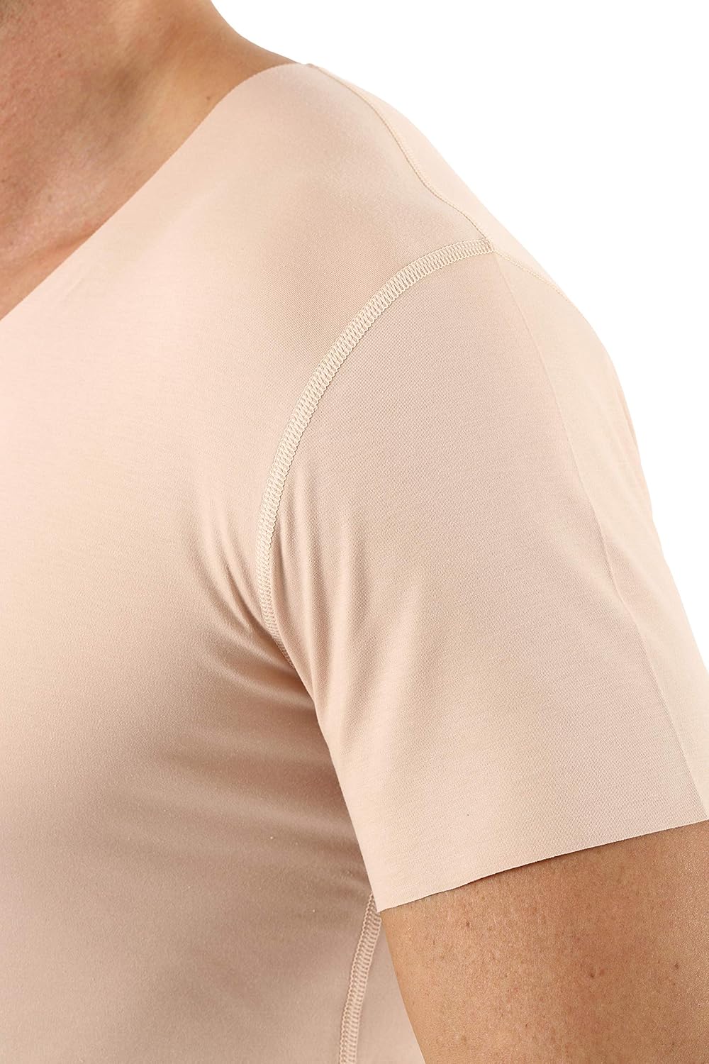ALBERT KREUZ Men's Laser Cut Invisible Seamless v-Neck Undershirt Short Sleeves Stretch Cotton Beige Nude