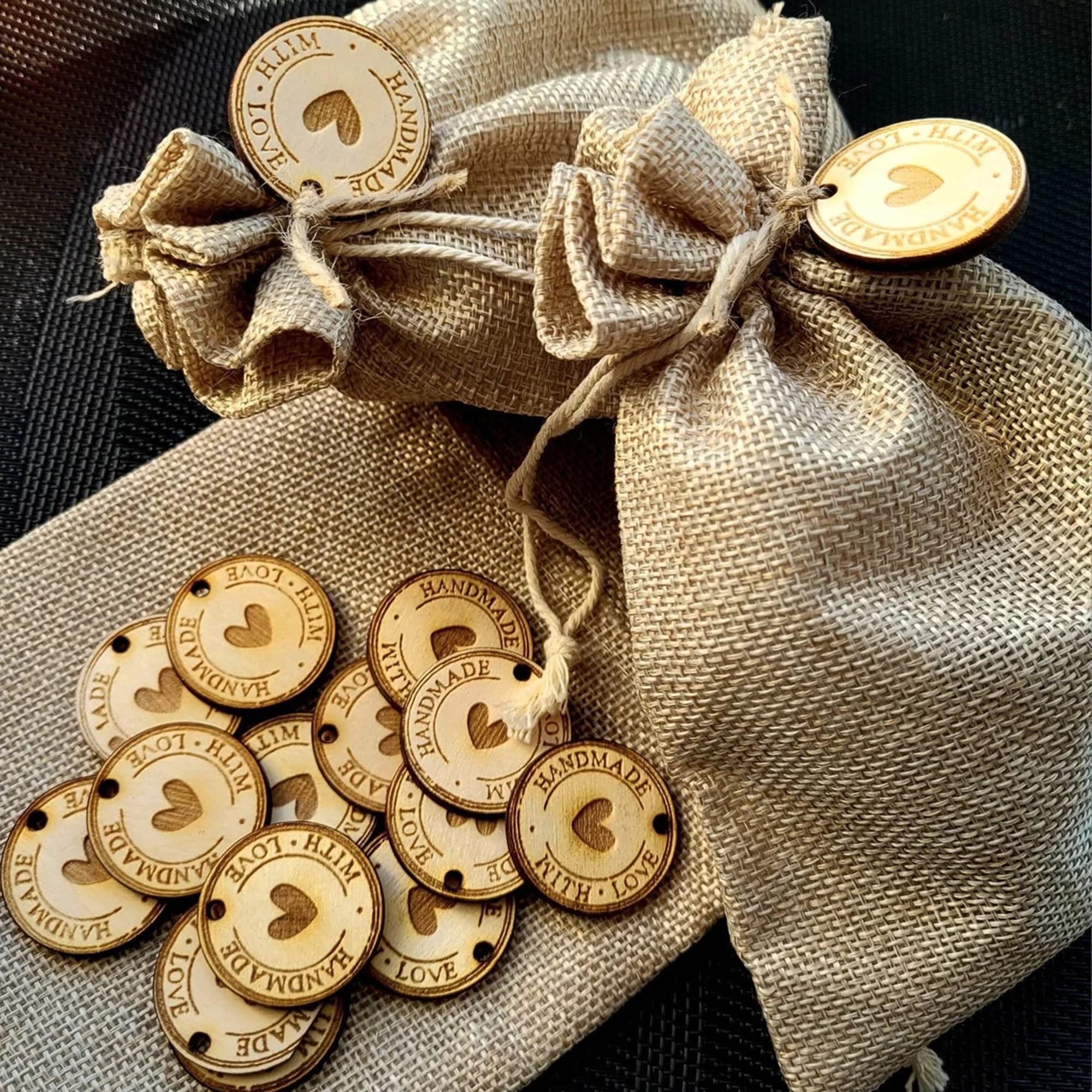 Cliths Handmade Wooden Tags Tokens with Love - Pack of 20, Round Circle Labels with Hanging Hole, Professional Wooden Tags for Crafts, Gifts, Product (4.5 cm)