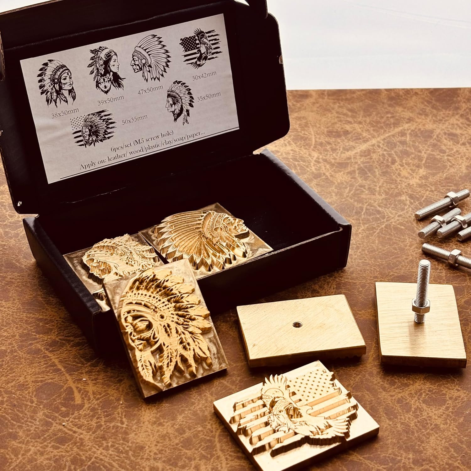 Native American Chief Leather Stamps Set, 6pcs Brass Leather Embossing Molds, Western Style Leather Heat Stamp, Wood Branding Iron Mold