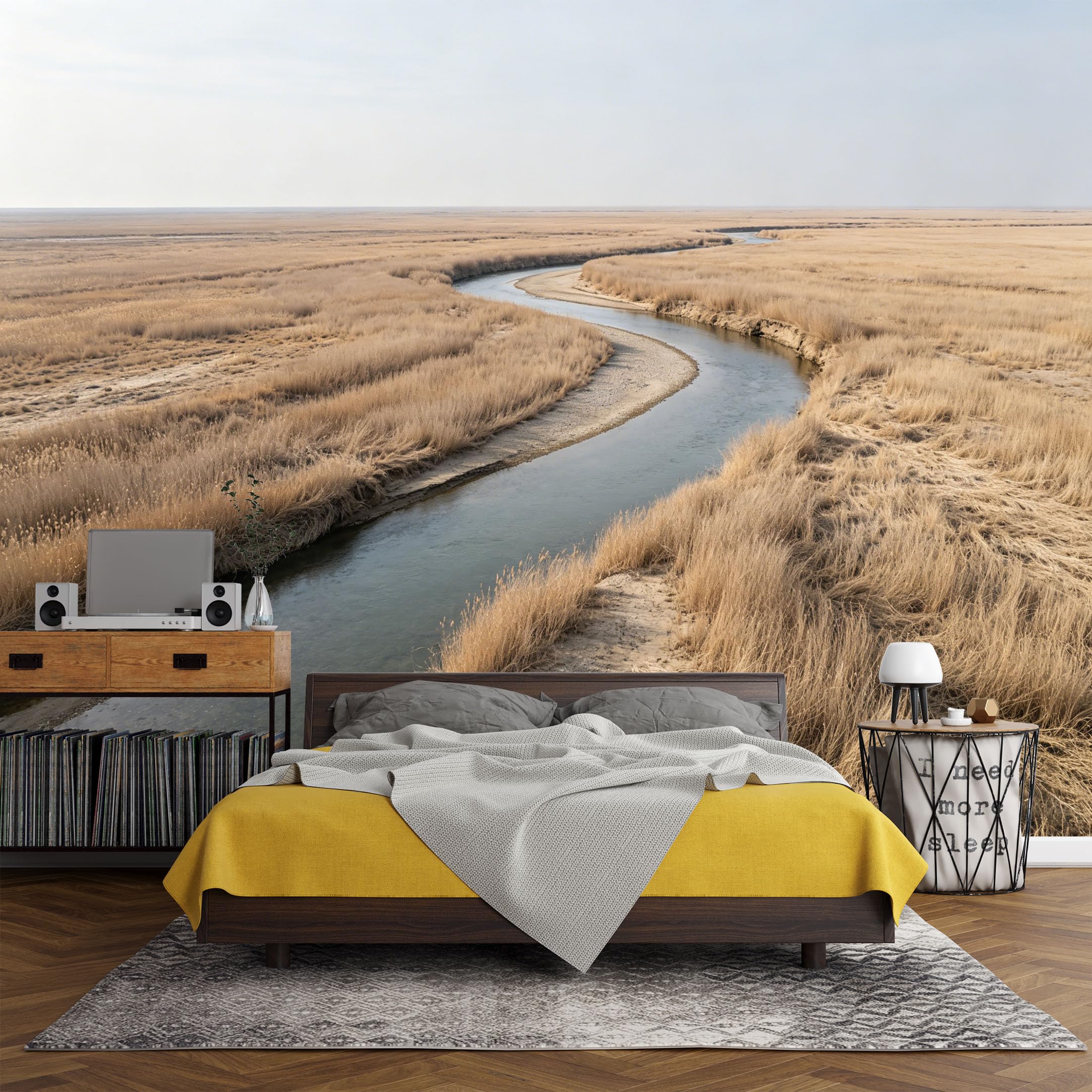 Custom Size Wall Mural， Landscape Golden Meadow River Bend Minimalist Nature Scene，SelfAdhesive Art Prints wall Fabric (No PVC) Removable Wallpaper Living Room Decor