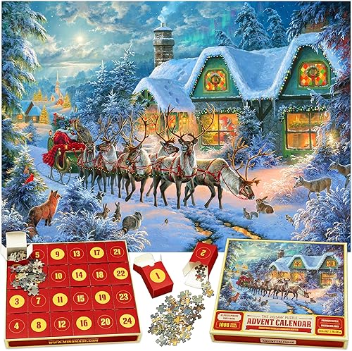 Calendario de Adviento original de rompecabezas 2025 – Magia de Navidad, 24 cajas de 1008 piezas, regalo de cuenta regresiva de Navidad, diversión