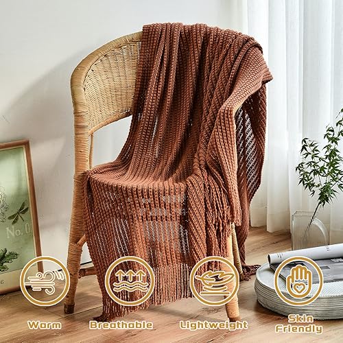 Miniatura 3 de Blagic Manta de punto para sofá, manta suave de estilo rústico bohemio para otoño con borlas, manta ligera decorativa para el hogar, manta naranja