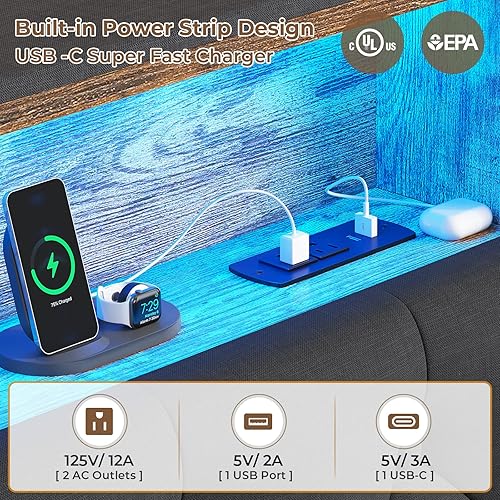 Miniatura 5 de Marco de cama individual con cabecero de almacenamiento oculto y 4 cajones, cama tapizada individual con luces LED y estación de carga, no necesita