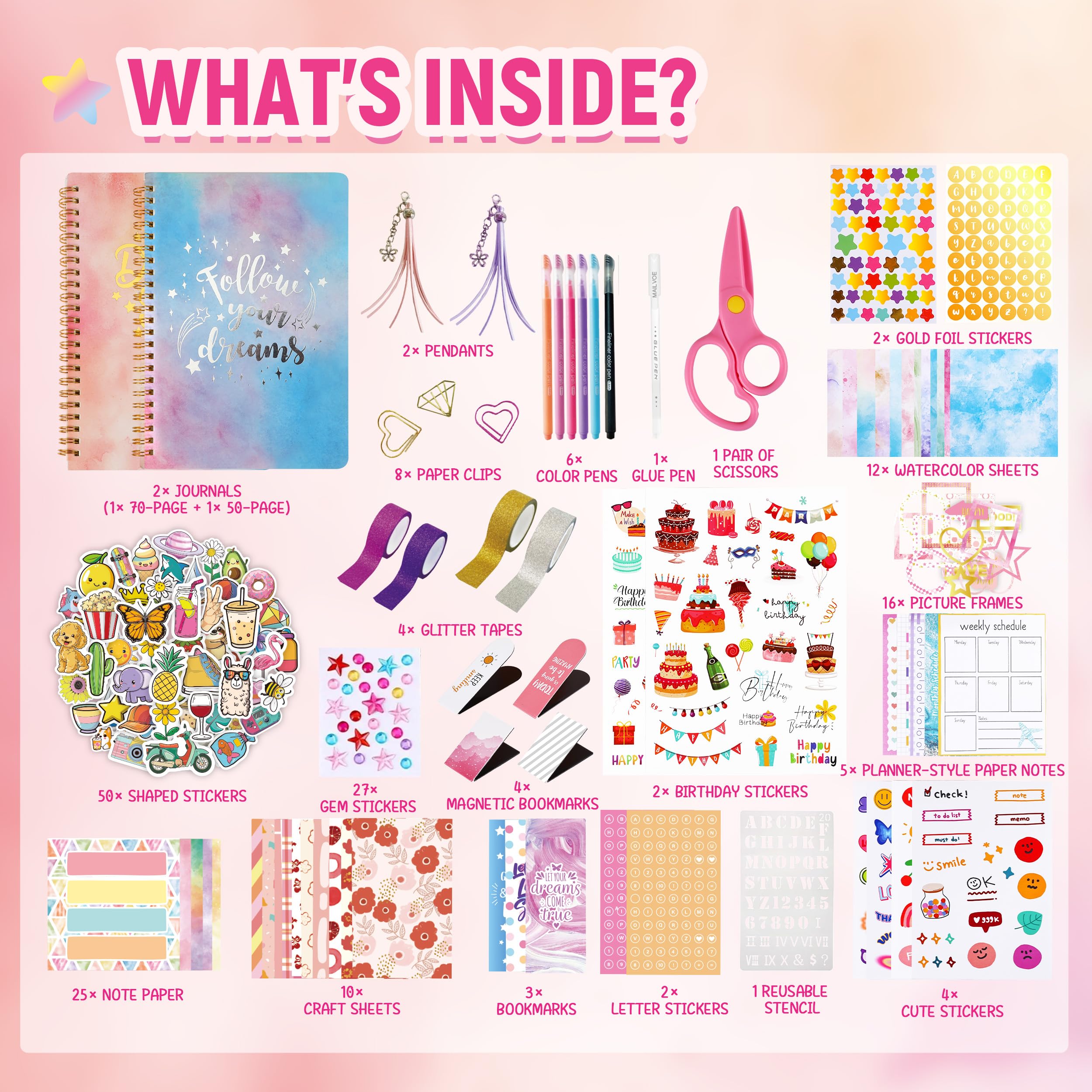 DIY Journal Kit for Girls Ages 8 9 10 11 12 13 14-Scrapbook Kit with 2 Diaries & 300+ Scrapbooking Supplies, Journaling Arts & Crafts Set, Perfect DIY Journal Gifts for Teen Girls & Teens