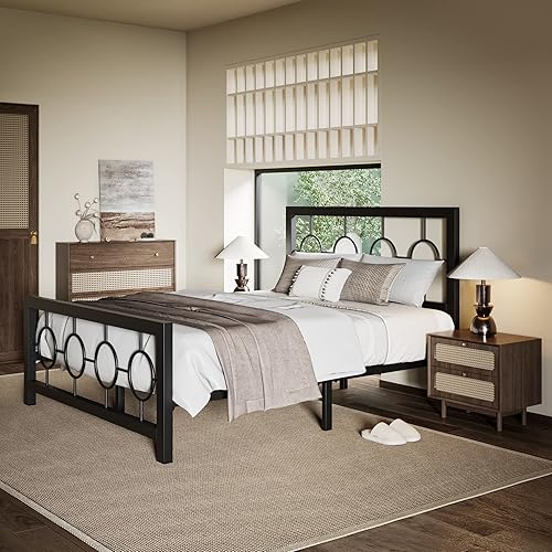 Miniatura 3 de Allewie Base de cama de plataforma de metal de tamaño matrimonial con cabecera de estilo moderno y vintage, no necesita somier, fácil montaje, sin