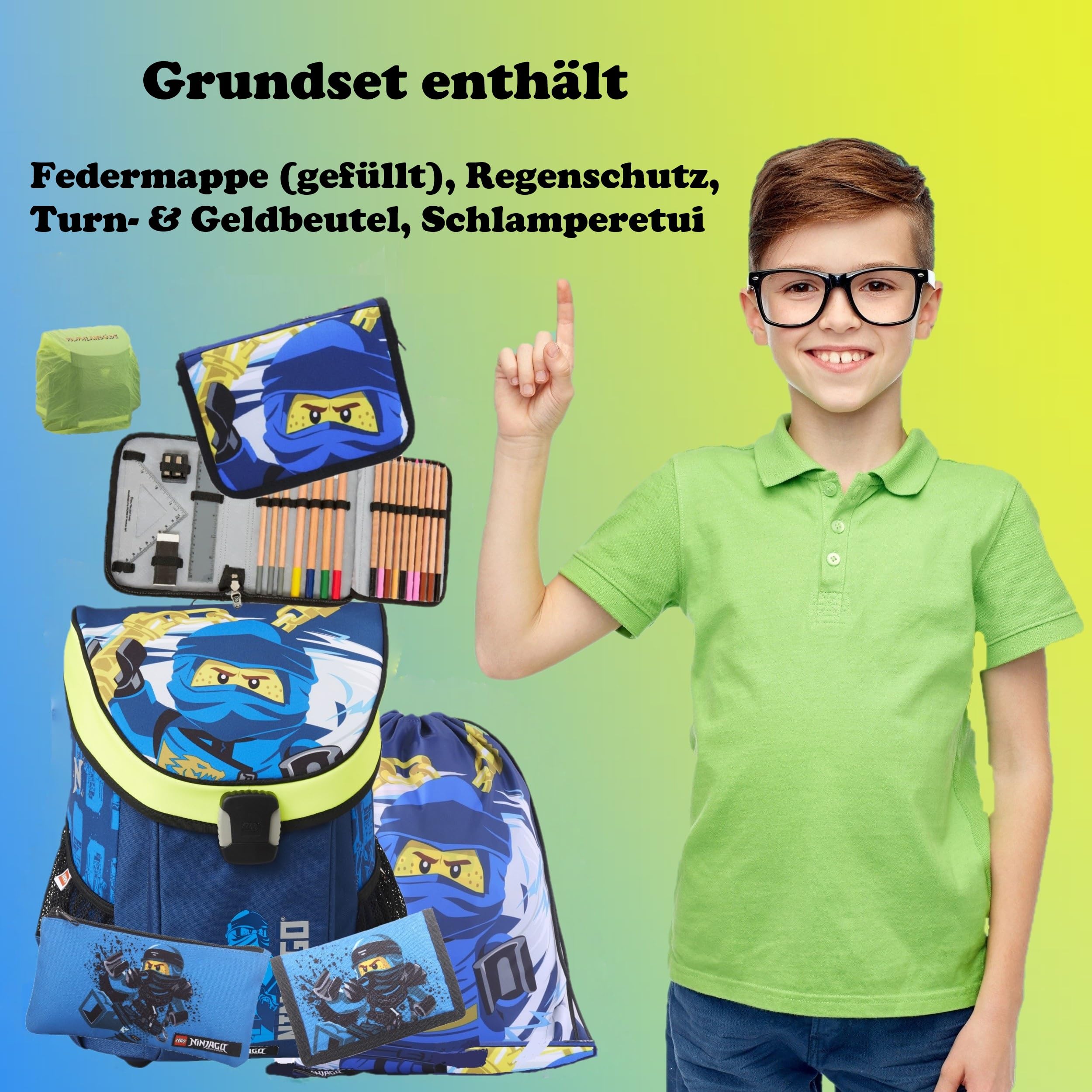 Familando - Schulranzen Set 9-teilig mit Sporttasche - Ninjago Blau - Ergonomisch, stabil & mit gepolstertem Rücken - 790g leicht mit 16L Volumen - wasserabweisend und mit Reflektoren - Ab 1. Klasse