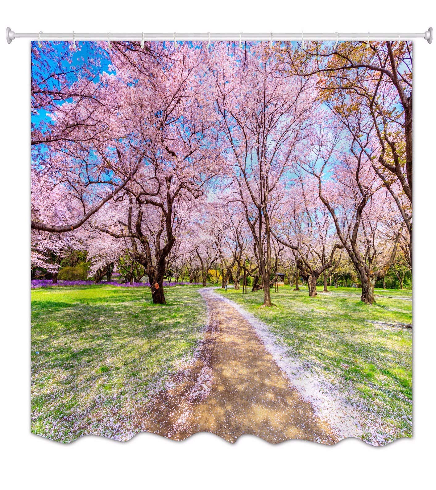 A.Monamour Walkway Under Pink Cherry Blossom Tree Park Nature Scenery Picture Print Waterproof Mildewproof Fabric Polyester Long Thicken Shower Curtain Set With Hooks 150X180 Cm / 60"X72"