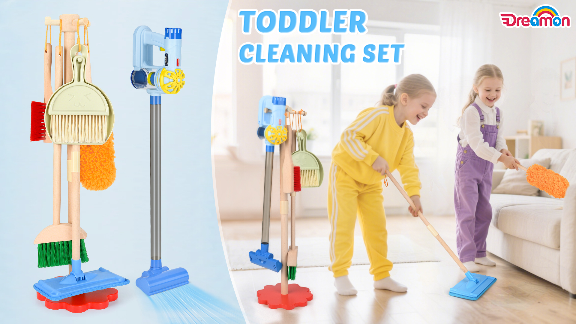 Dreamon Kids Cleaning Set, 11-Piece Wooden Toddler Pretend Play