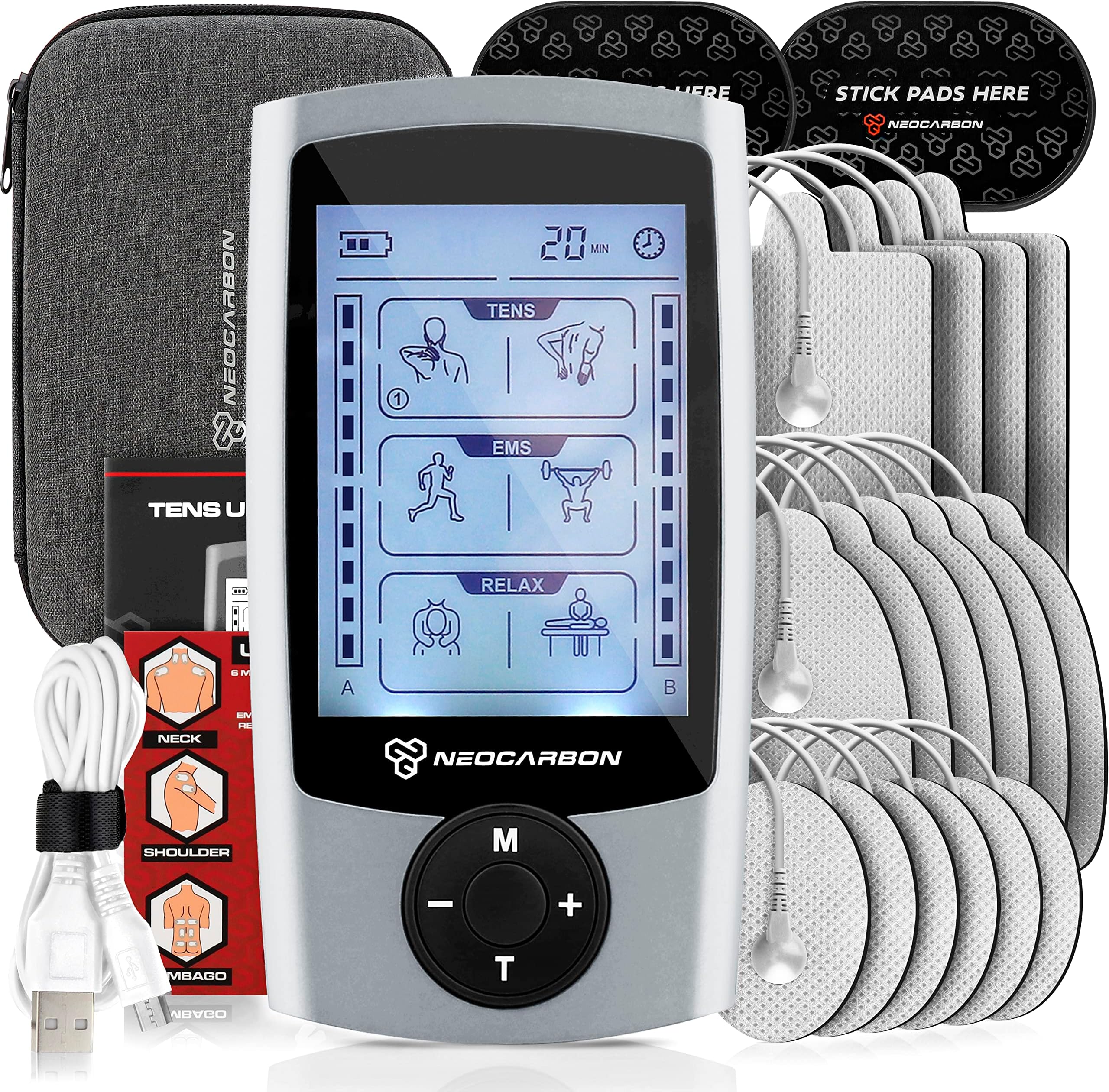 NEOCARBON TENS Unit Muscle Stimulator, Pulse Massager Machine, Silver