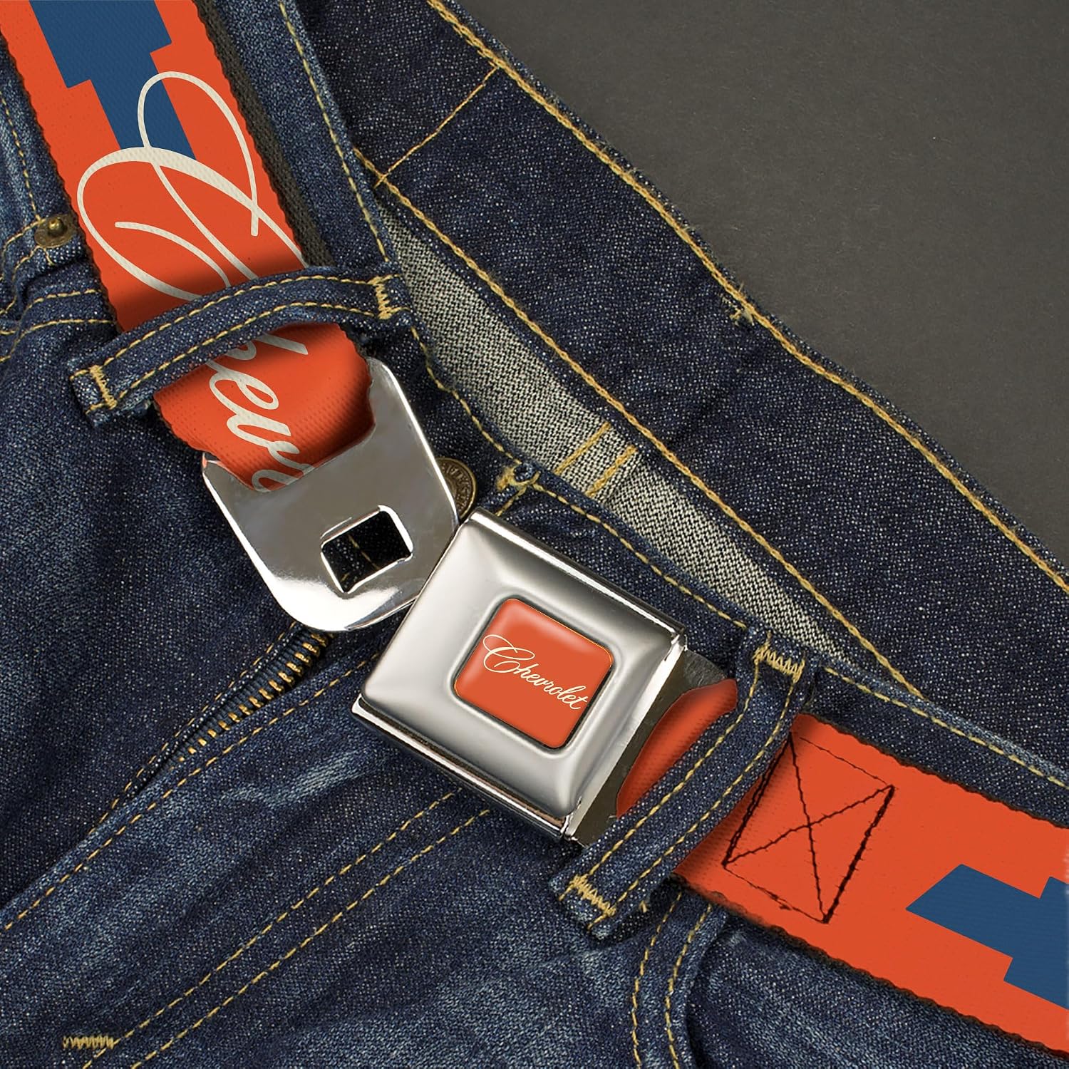Chevy Belt, Seatbelt Buckle Belt, Chevrolet Script and Bowtie Orange White Blue, Adjustable