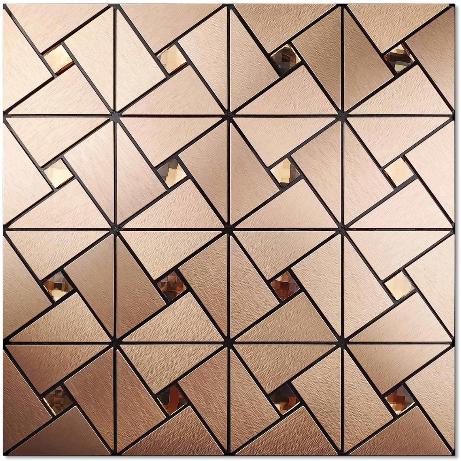 Vamos Tile Peel and Stick Backsplash Tile with Gloves - Metal Tile Stick on Backsplash for Kitchen and Bathroom Rosegold Windmill Puzzle Glass Mixed Self Adhesive Mosaic Tiles(12"x12"x10 Sheets)