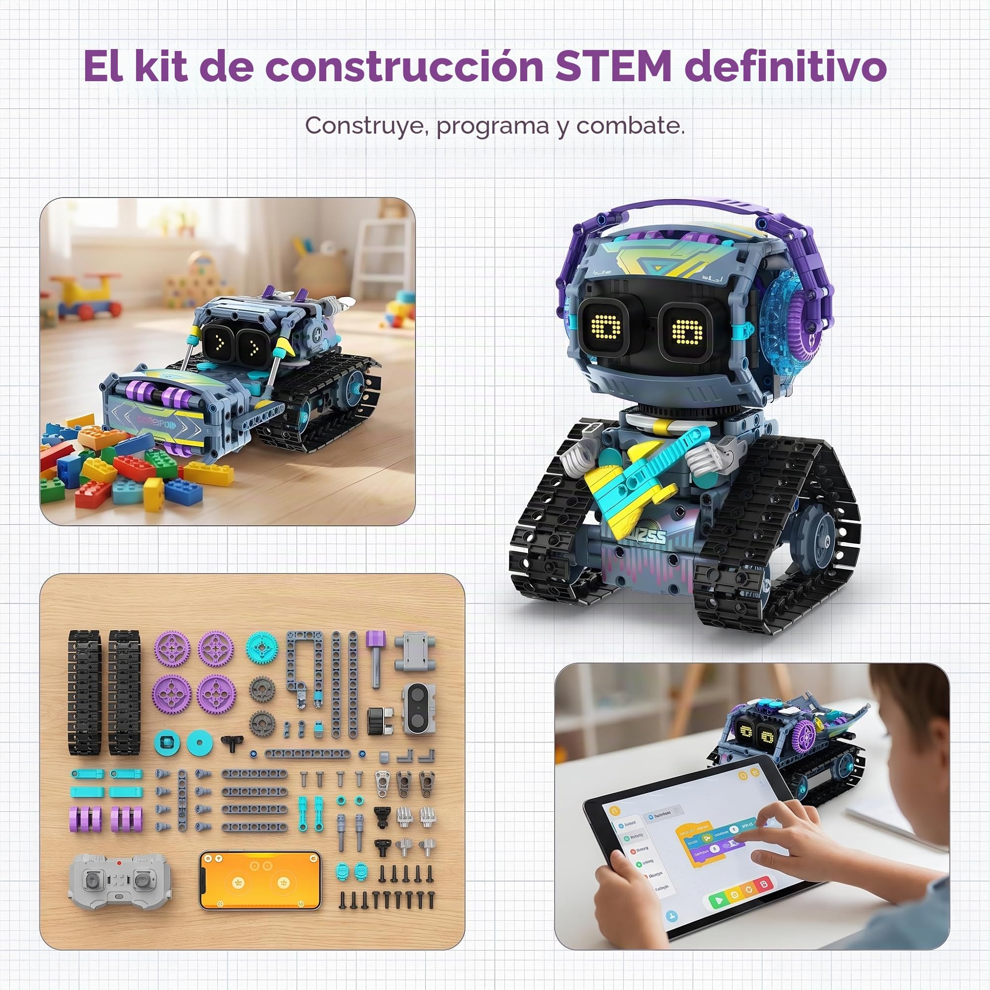 Kit Robot, 3-in-1 Modelo Set Proyecto Proyecto Regalo | kit robot: control por app, mando, orugas ágiles y movimiento reactivo; aprendizaje, regalos, proyectos familiares y hobby