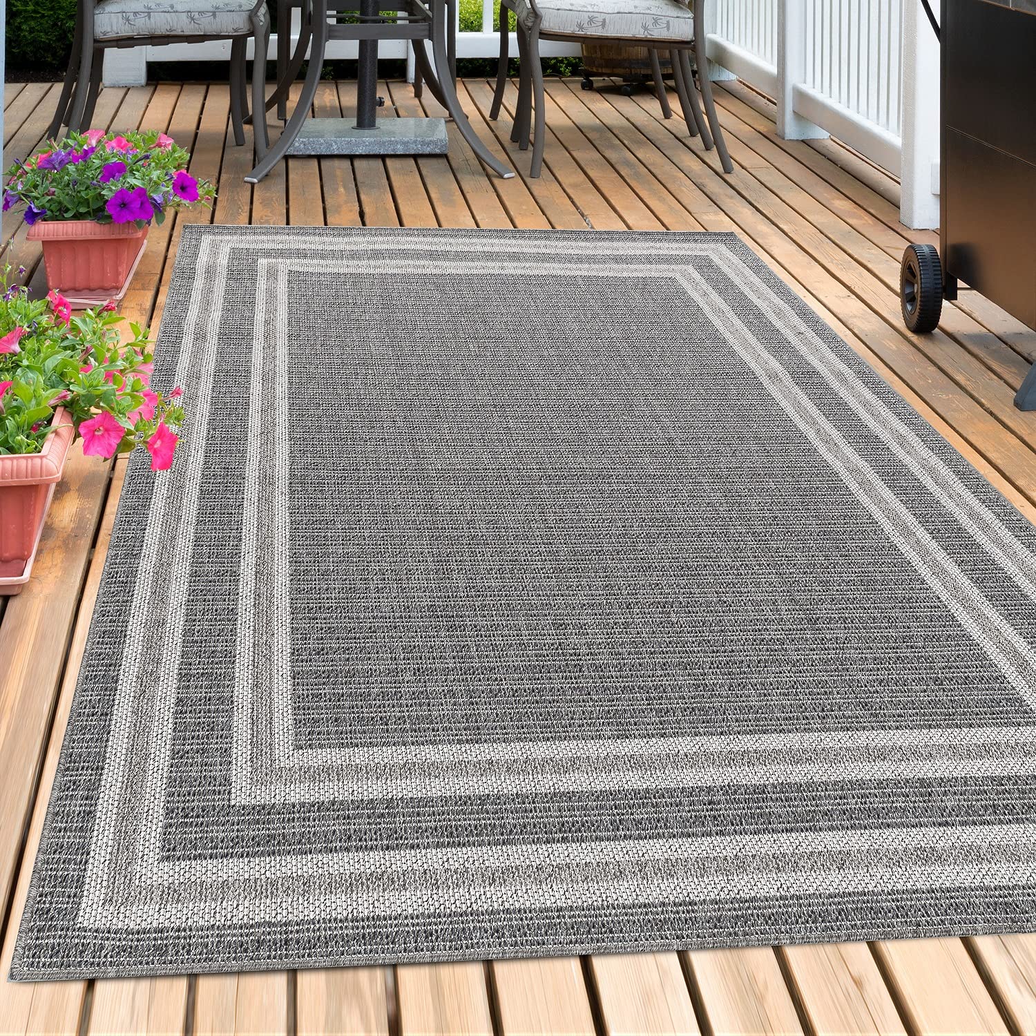 Outdoor Teppich Wetterfest Terasse Garten Balkon Picknick Camping Teppich Bordüre Design Sisal Optik Flachgewebe Küchenteppich Pflegeleicht Rechteckigen Form Farbe: Grau, Grösse: 200 x 290 cm