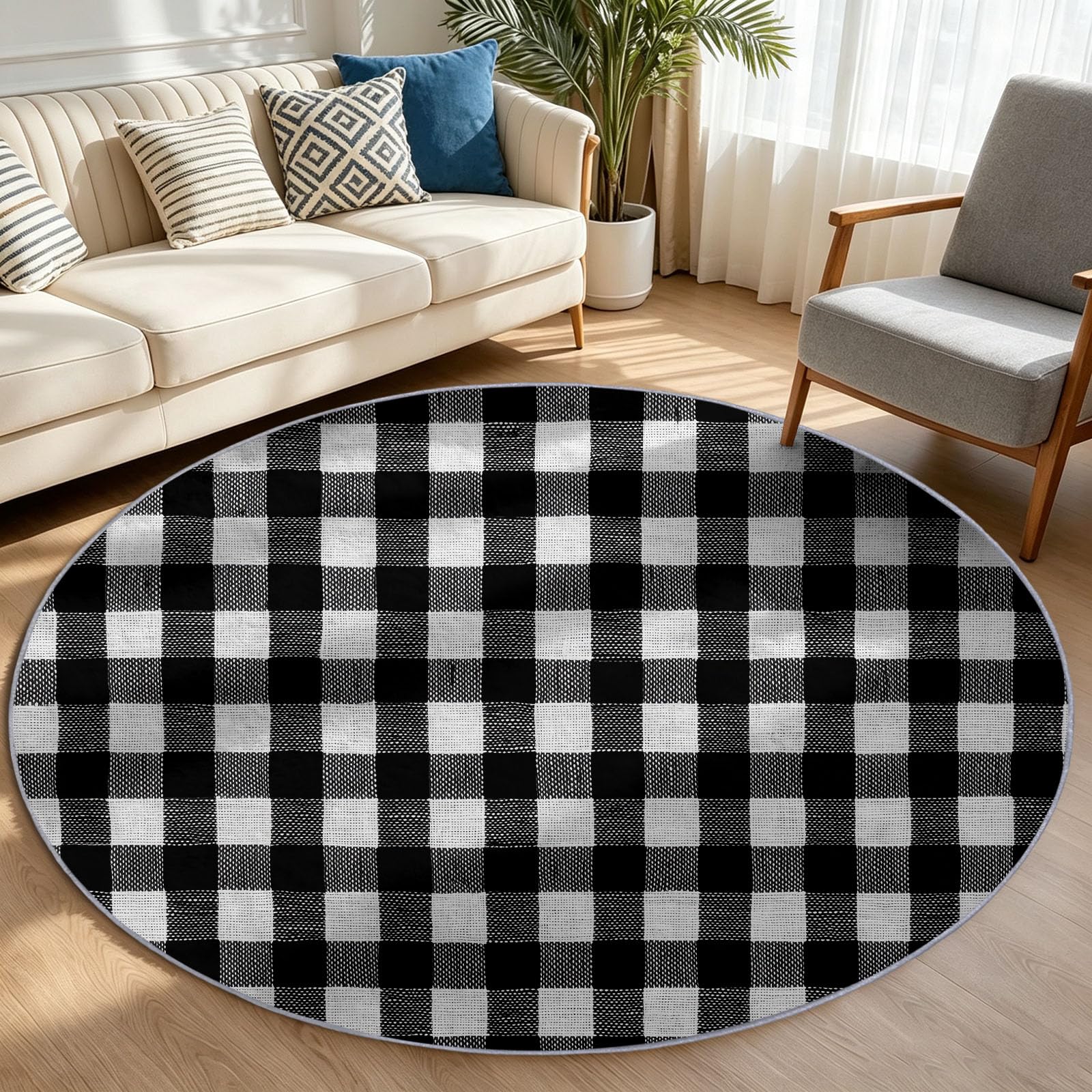 Tappeto rotondo con motivo a scacchi bianco e nero, minimalista, alla moda, 200 cm, per soggiorno, camera da letto, morbido e senza pelucchi, antiscivolo, sottile e leggero