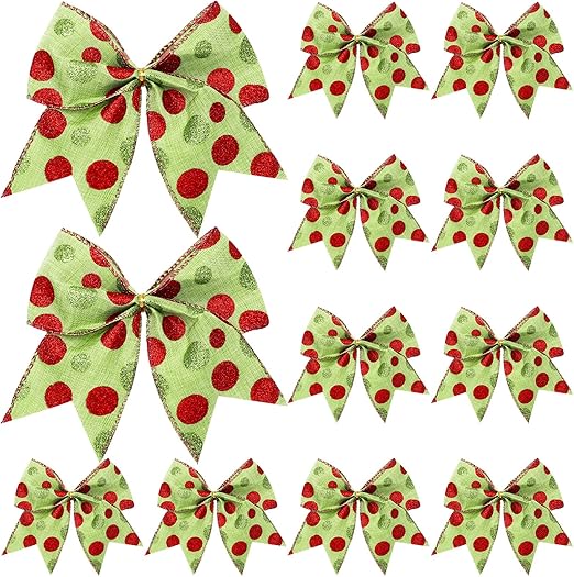 Jetec 12 Pcs Red Green Christmas Bows Decoration 6 Inch Large Christmas Wreaths Bows Xmas Tree Dot Ribbons Ornaments for Garland Wedding Party(Red and Green,Glitter Pattern)