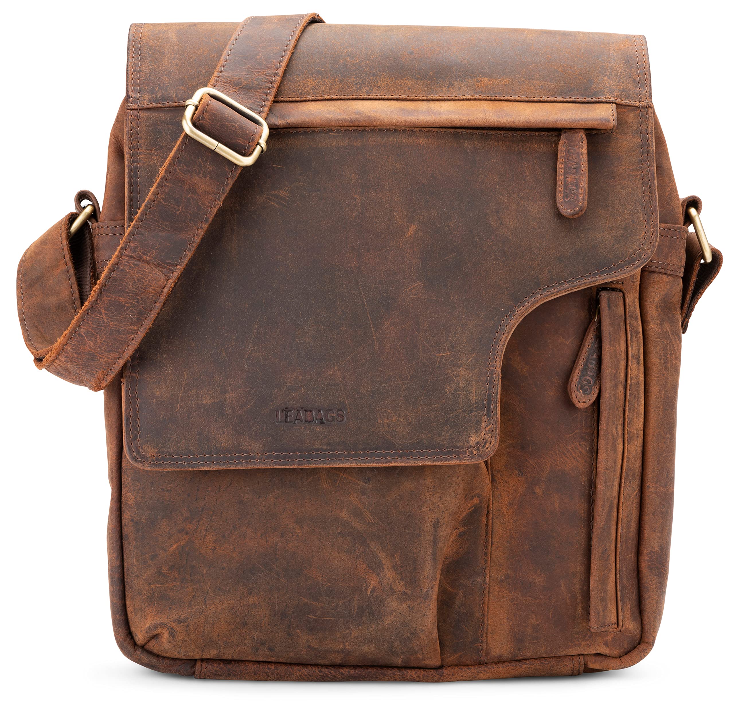 LEABAGS Leder Umhängetasche Herren & Damen I Echtleder Laptoptasche bis 13 Zoll I Messenger Bag mit Schultergurt I Schultertasche I Arbeitstasche I Tragetasche I Handtasche I Vintage Rotbraun