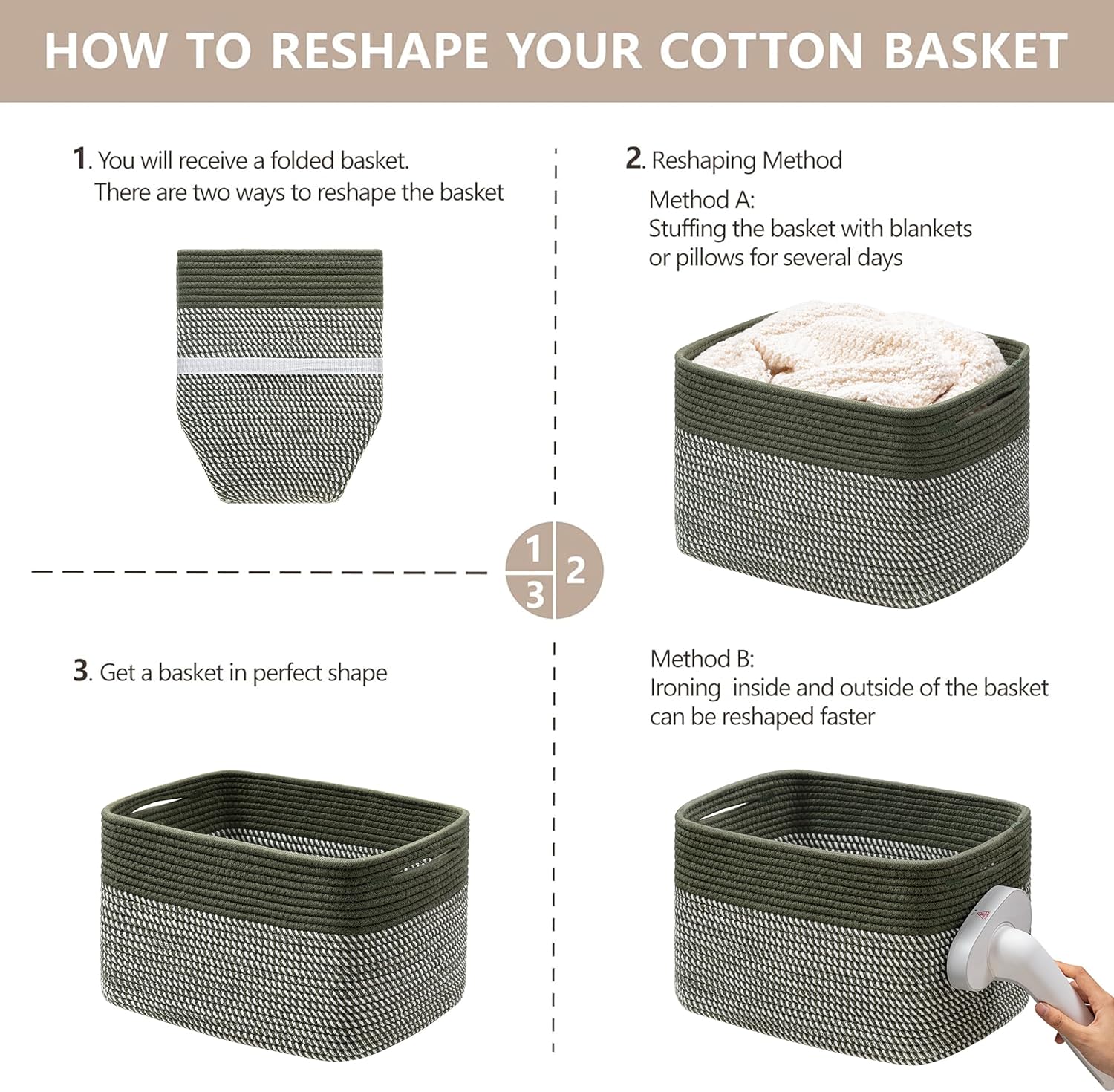 UBBCARE 4 Pack Baskets for Organizing, Woven Storage Baskets for Toys and Towel, Rectangle Cotton Rope Basket with Handles, 15''L x10''W x9''H, Mixed Green