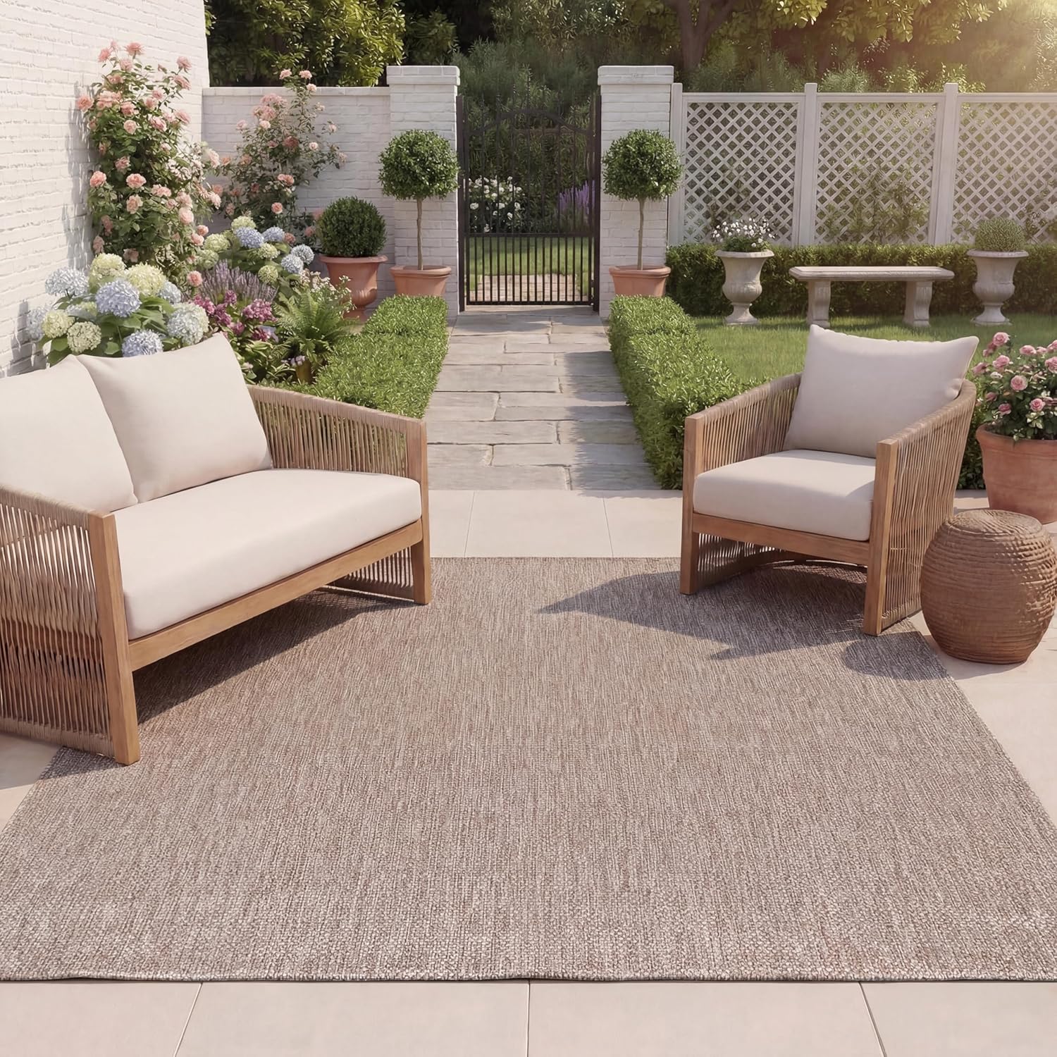 SAFAVIEH Washable Rug Outdoor Beach House Collection - 8' x 10', Beige, Non-Shedding & Easy to Clean, Ideal for Patio, Backyard, Mudroom (BHS272B)