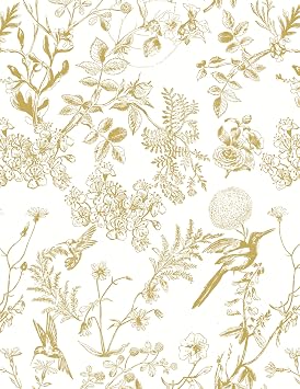 Safiyya Peel and Stick Wallpaper Gold and White Contact Paper 17.3"x118" Floral Birds Wall Paper Modern Boho Removable Self Adhesive Wallpaper Vinyl Rolls