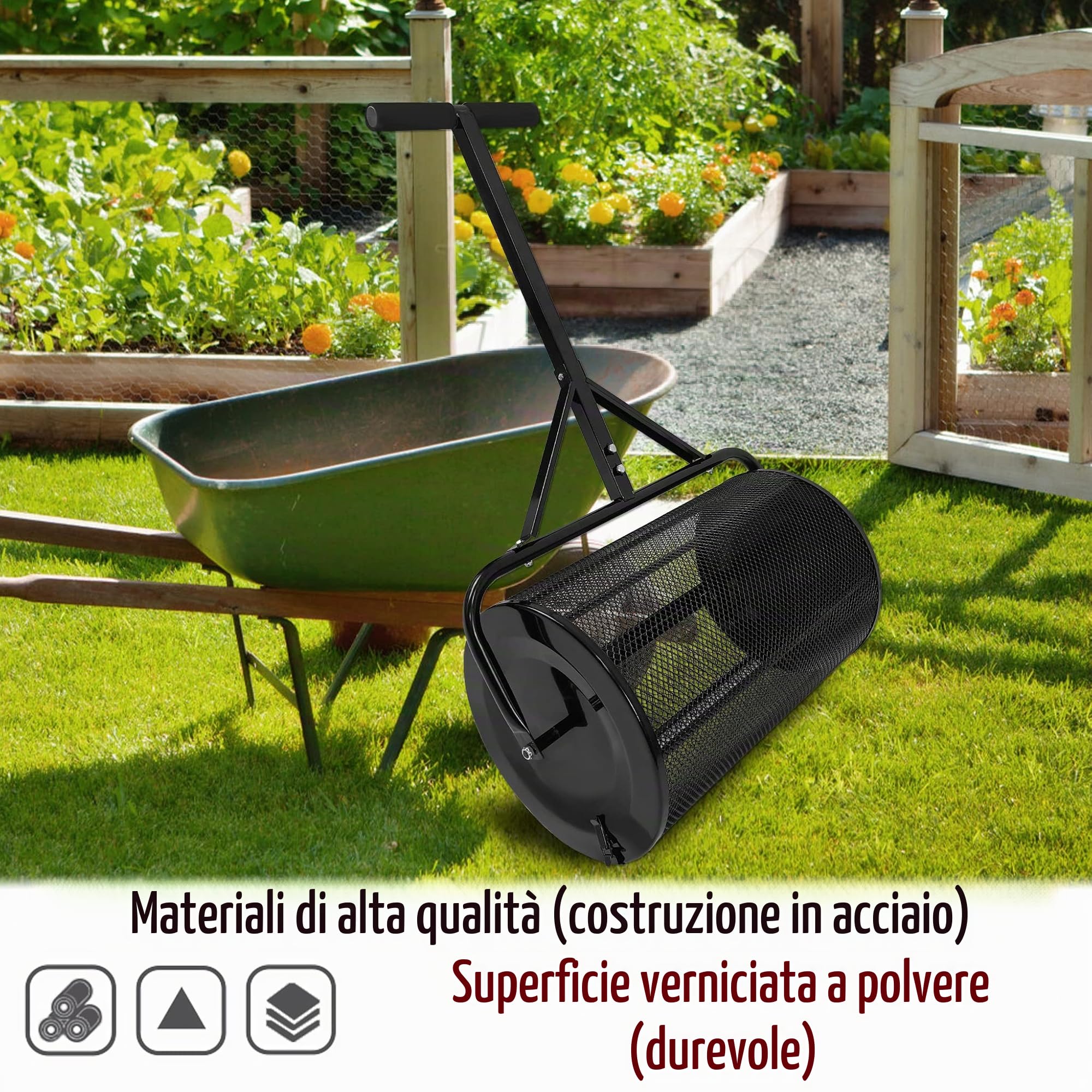 NAIZY Spargitore di compost 40x65x110cm riempibili Spargitore di prato in acciaio da 81 litri Spargitore di fertilizzante con manico in spugna Spargitore di semi multiuso per compost fertilizzante