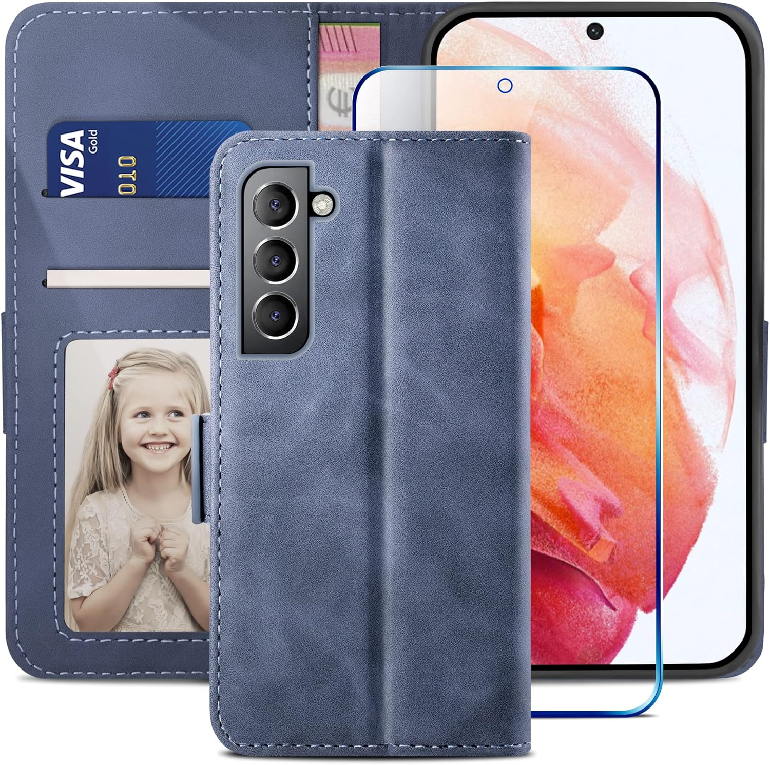 YATWIN Compatible with Samsung Galaxy S22 Case, Flip Wallet Leather Case with Screen Protector and Card Slot Kickstand Phone Cases Cover for Samsung S22 – Light Blue