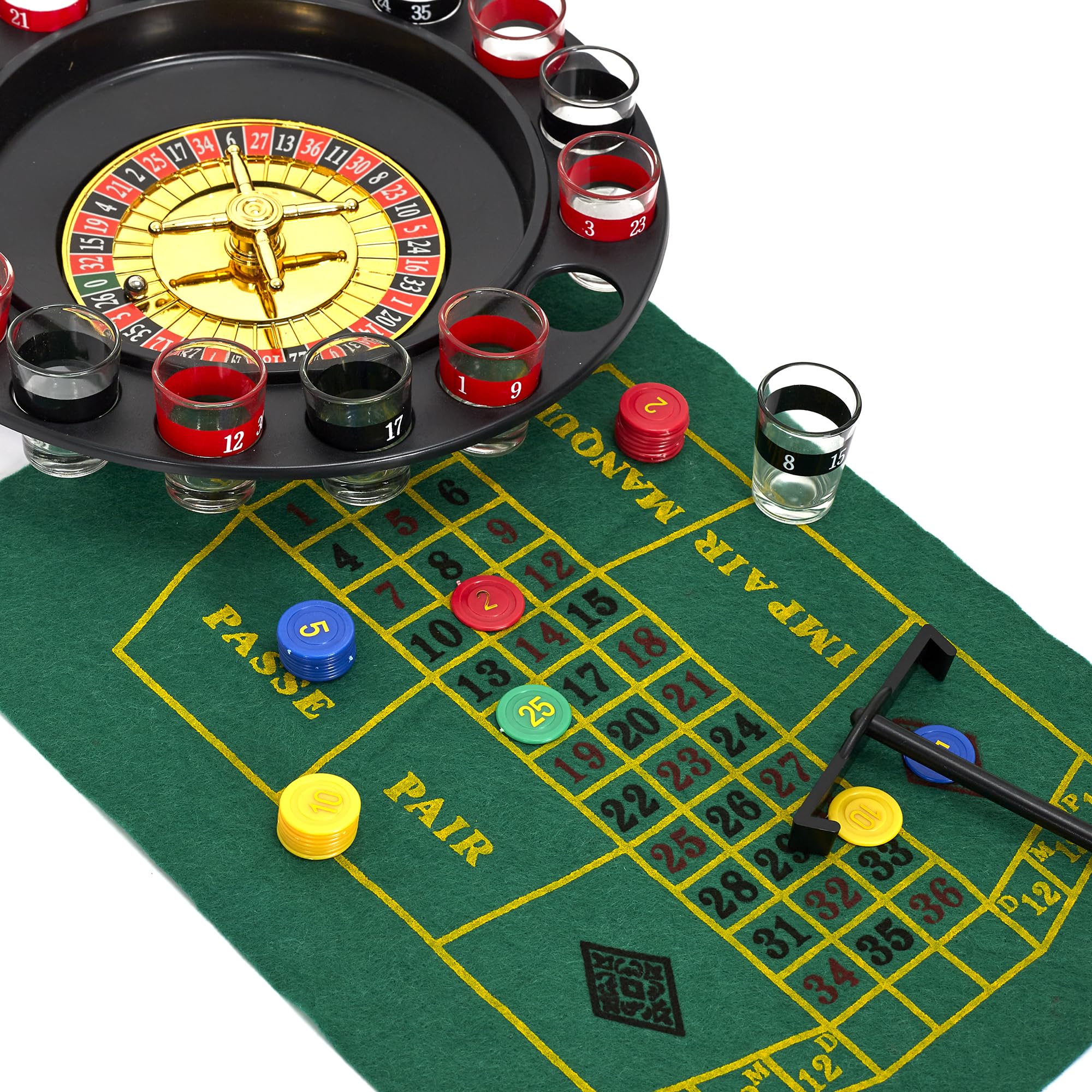 MISTER GADGET - MG3374 Jeu à Boire Roulette - Ensemble Casino avec 16 Verres à Shots, Tapis de Jeu, 60 Jetons, 2 Billes - 30.5 x 6.5 x 30.5 cm - Noir, Rouge, Vert, Blanc