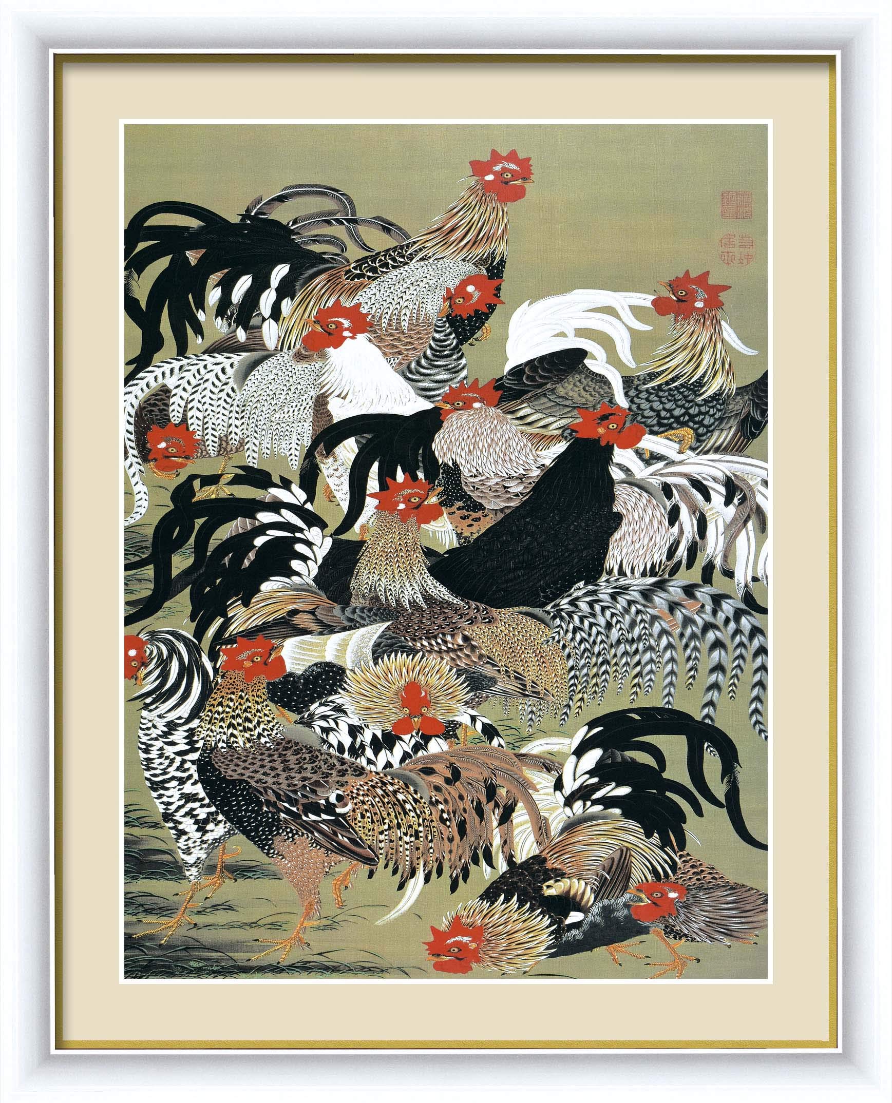 Amazon.co.jp: 【若冲 鳳凰 旭日】【動植綵絵額】群鶏・白鳳・鶏□伊藤