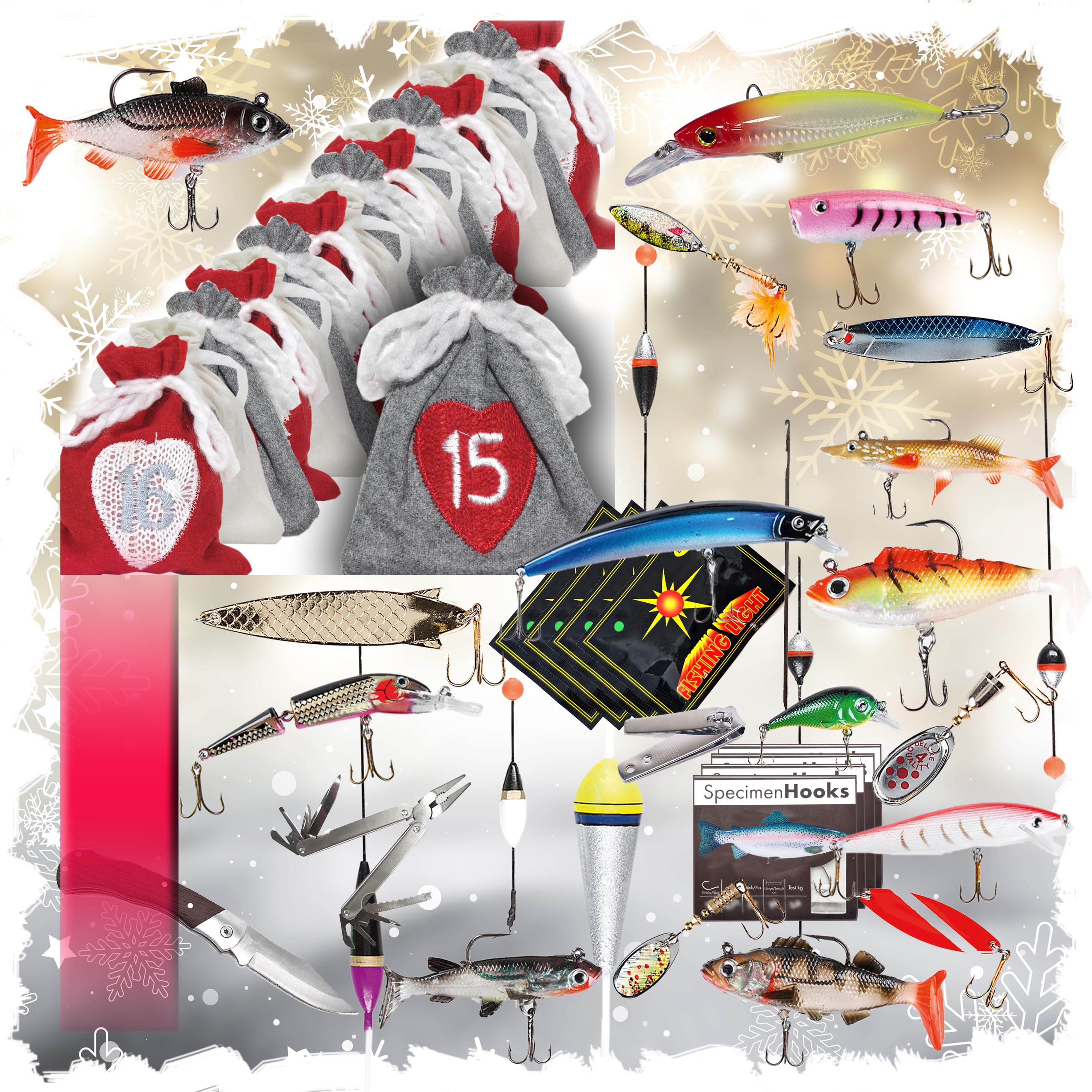 Angel Adventskalender mit 24 Säckchen + Überraschungen | Weihnachtskalender - Angler Köder Haken Set für Fischer Erwachsene Teenager Jungen - 2025 Weihnachten Überraschung Geschenk Männer