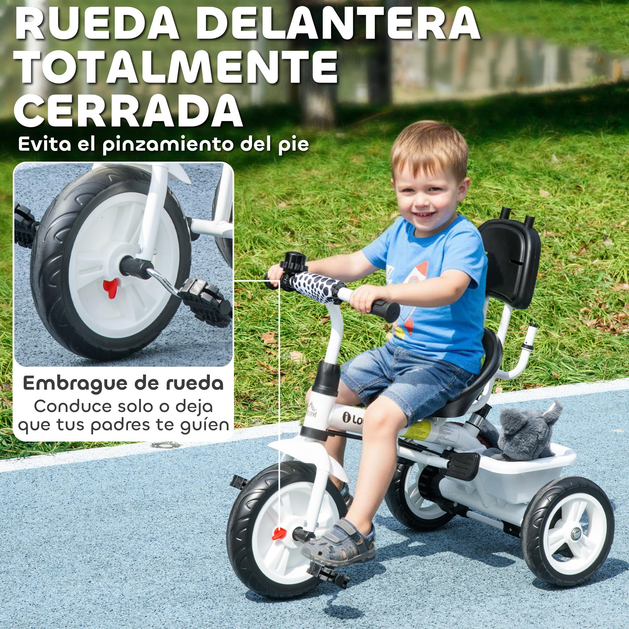 HOMCOM Triciclo para Bebés 6 en 1 Triciclo Evolutivo para Niños de +12 Meses con Toldo Plegable Mango de Empuje Telescópico y Desmontable Asiento Ajustable Cesto y Portabotellas Blanco