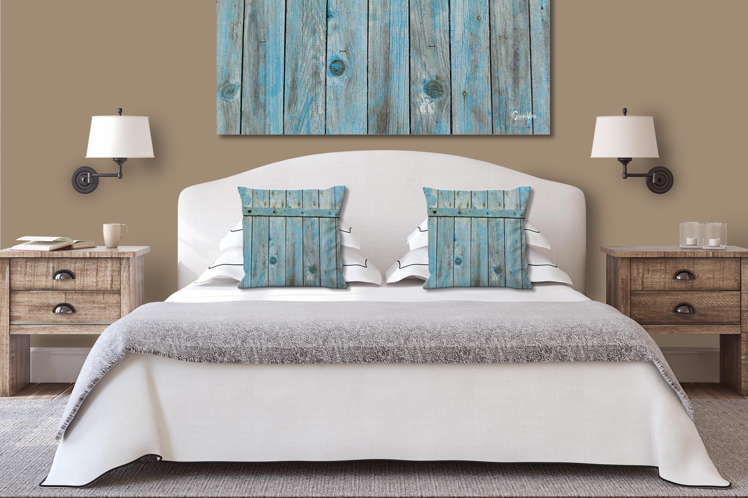 Hinter der Tür - Foto-Kissen-Hülle Set (2 STK.) 40 x 40 cm | Kissen-Bezüge - passend zu Wandbild - Deko-Kissen - Holz Tür Struktur blau