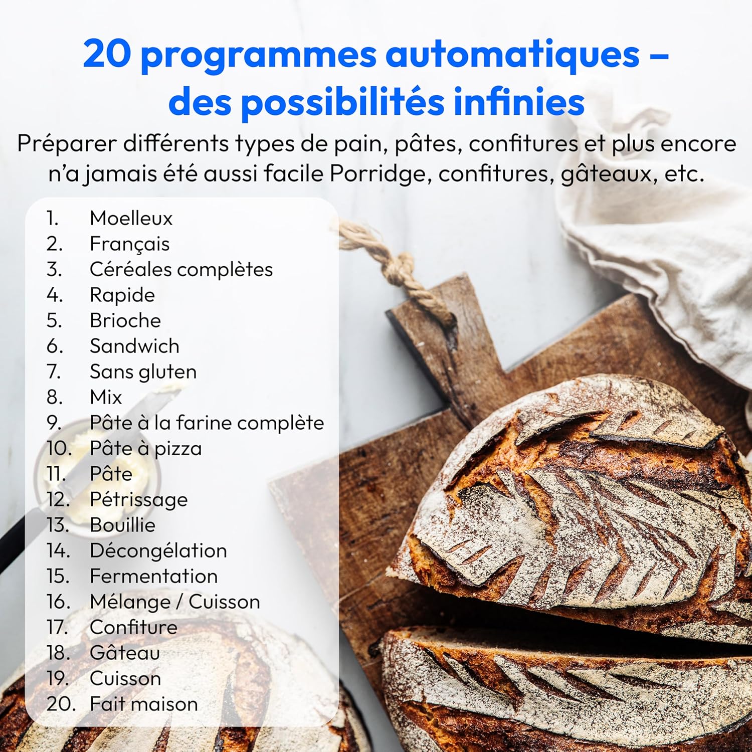 List of 20 automatic programs for the bread maker.