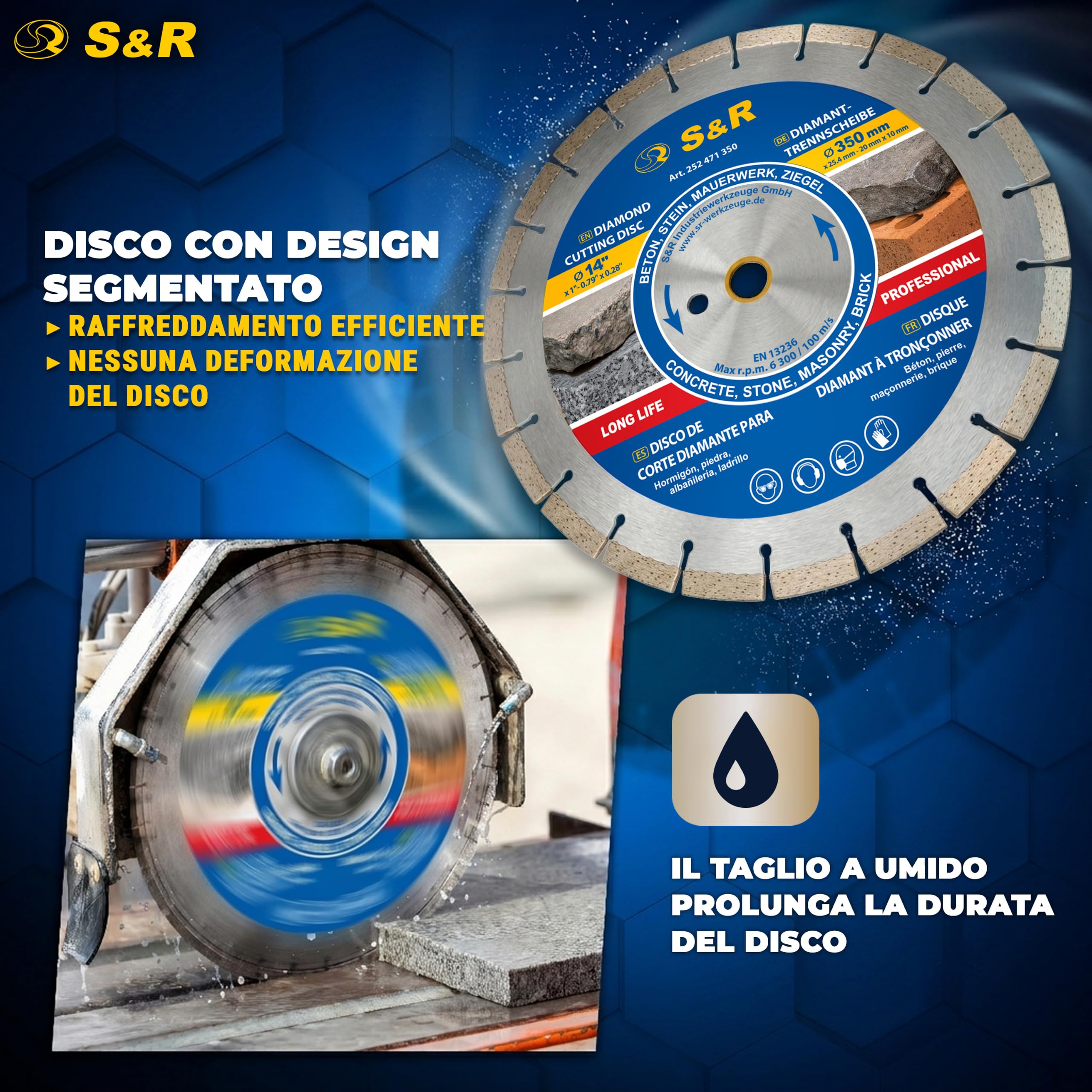 S&R Disco diamantato 350 mm Calcestruzzo. Disco Smerigliatrice 350 per troncare tagliare Calcestruzzo, Pietra, Mattoni Muratura