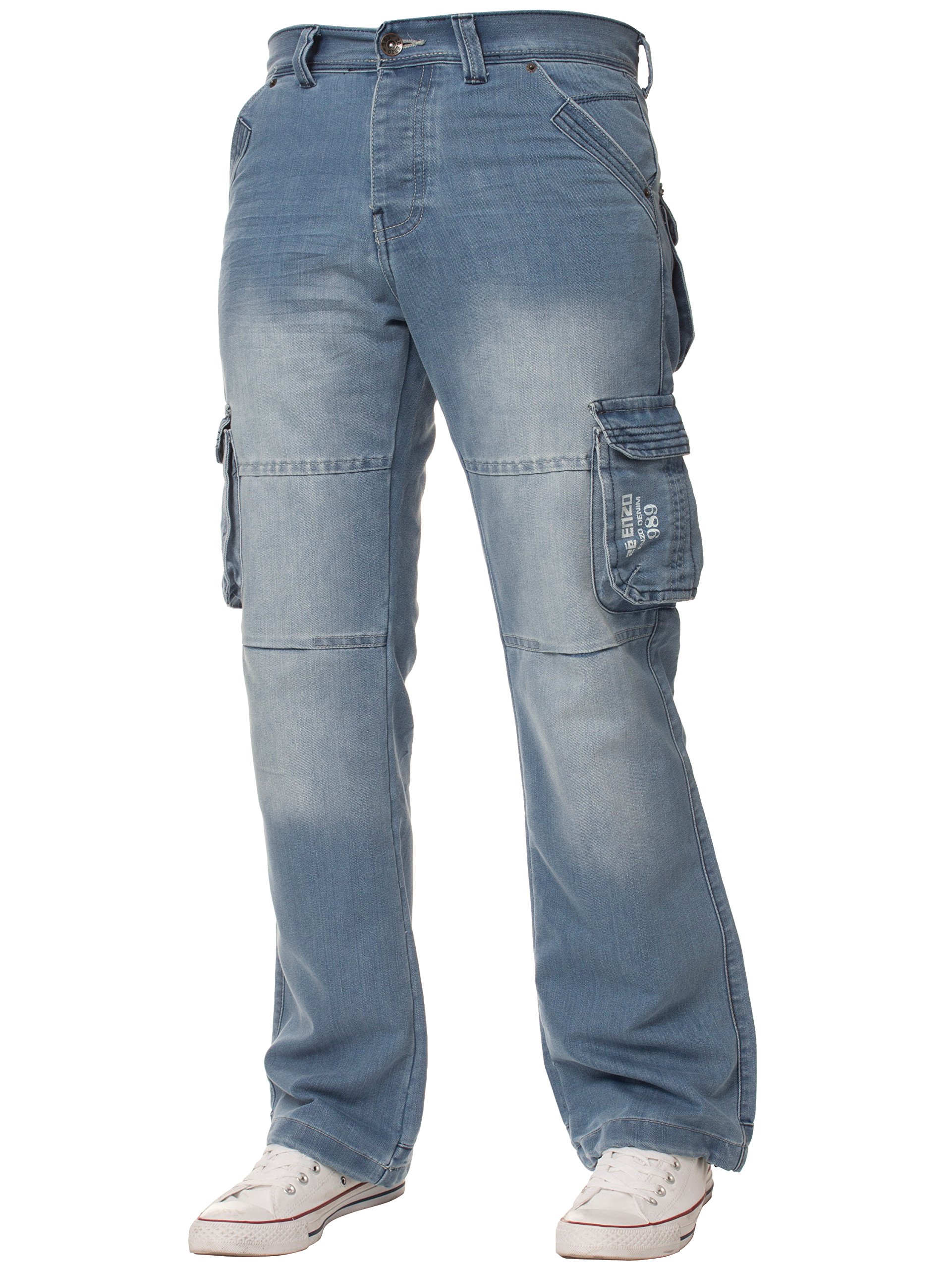 Enzo Men's Light Stonewash Work Cargo Combat Black Denim Jeans Pants Trousers Waist Sizes 28-48 (44W X 32L, )