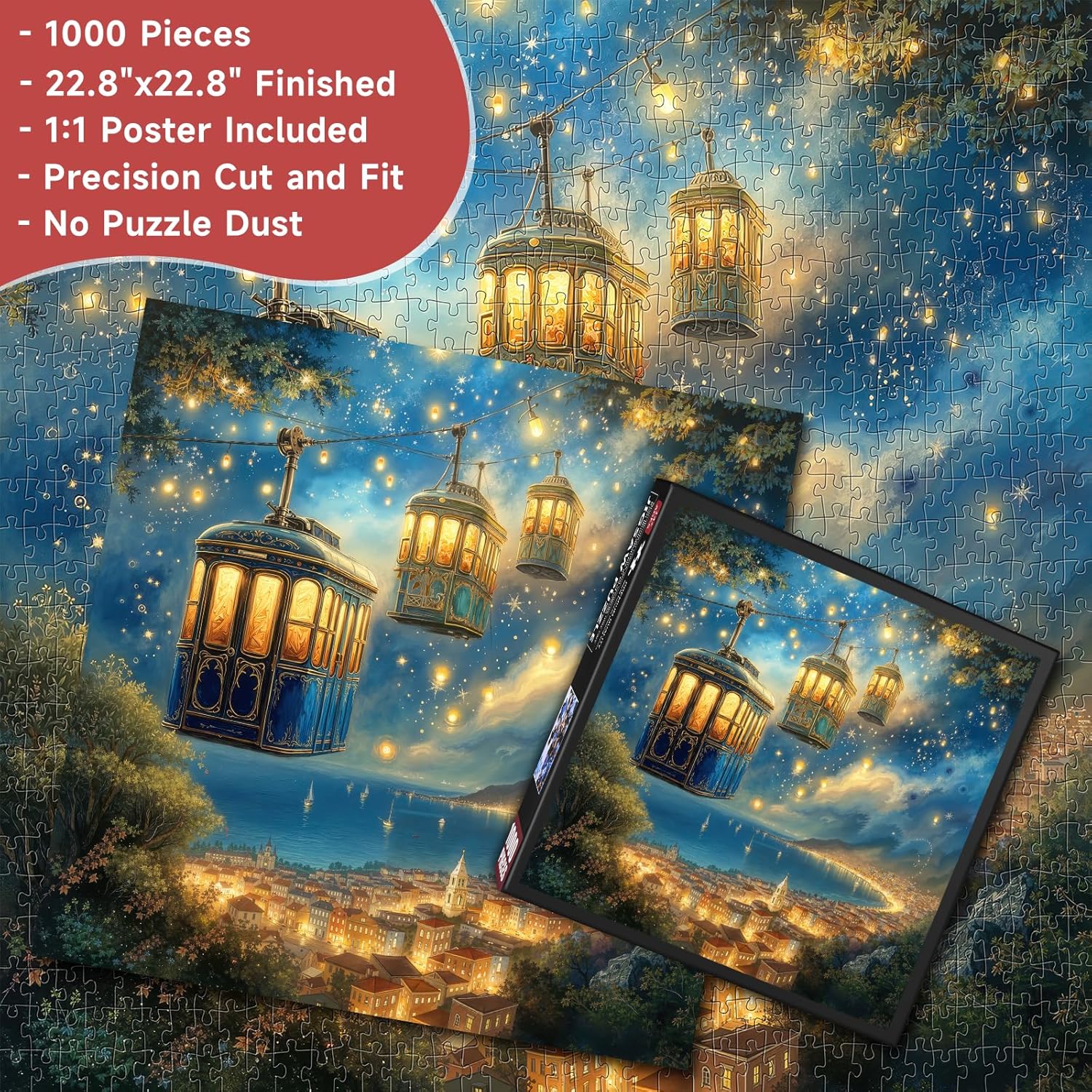 Magical Starry Sky Cable Car 1000 Piece Jigsaw Puzzle for Adults - Fantasy Coastal Town with Glowing Lights, Poster & Lettered Back, 22.8" Square HD Quality, Unique Gift for Travel & Fantasy Lovers